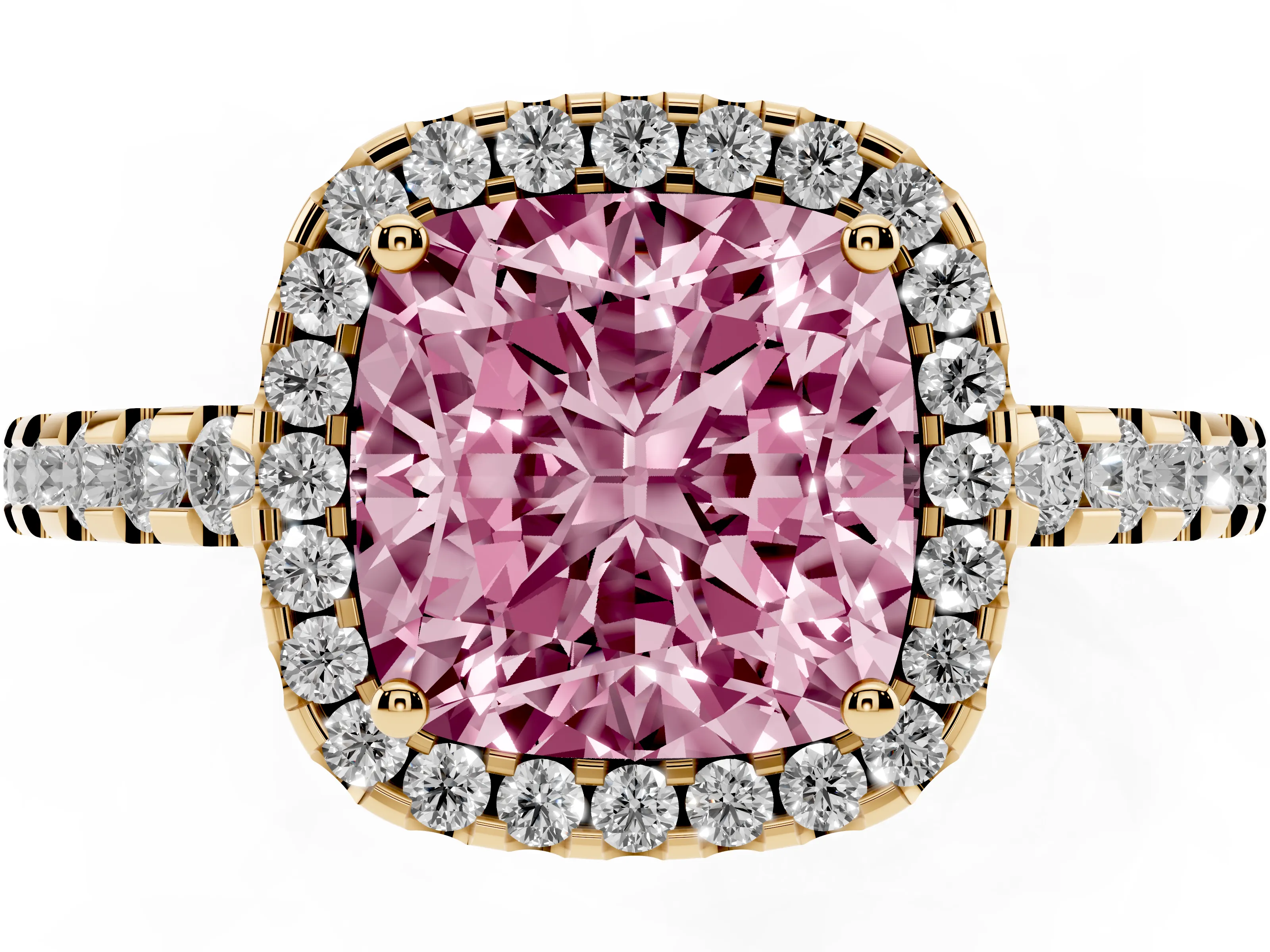 Fancy Pink Cushion Cut Diamond Halo Ring Set in Yellow gold with Pavé Shoulders and Halo-Framed Center