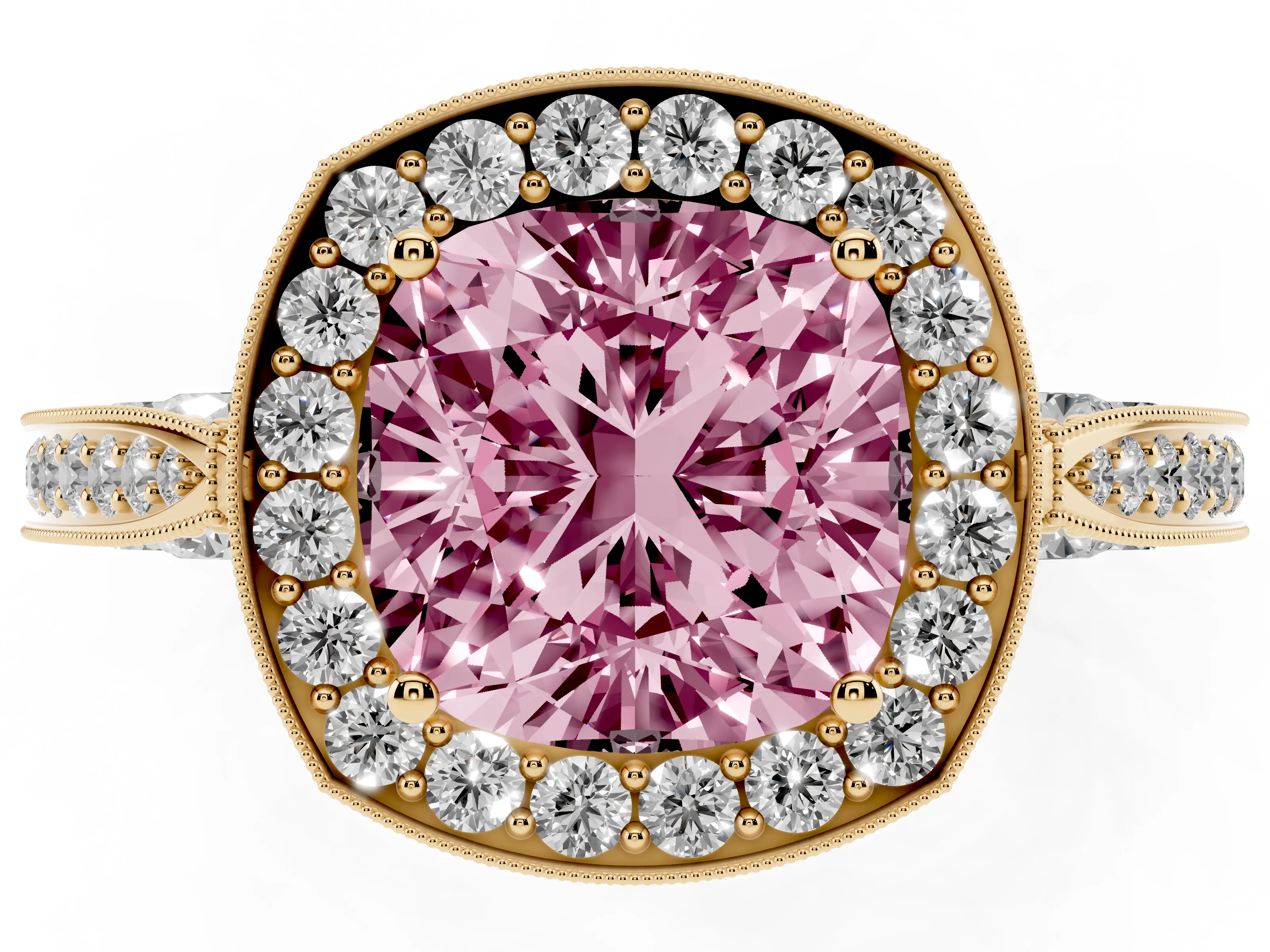 Fancy Pink Cushion Cut Diamond Halo Engagement Ring Set in Yellow gold with Accent Split Shank Band