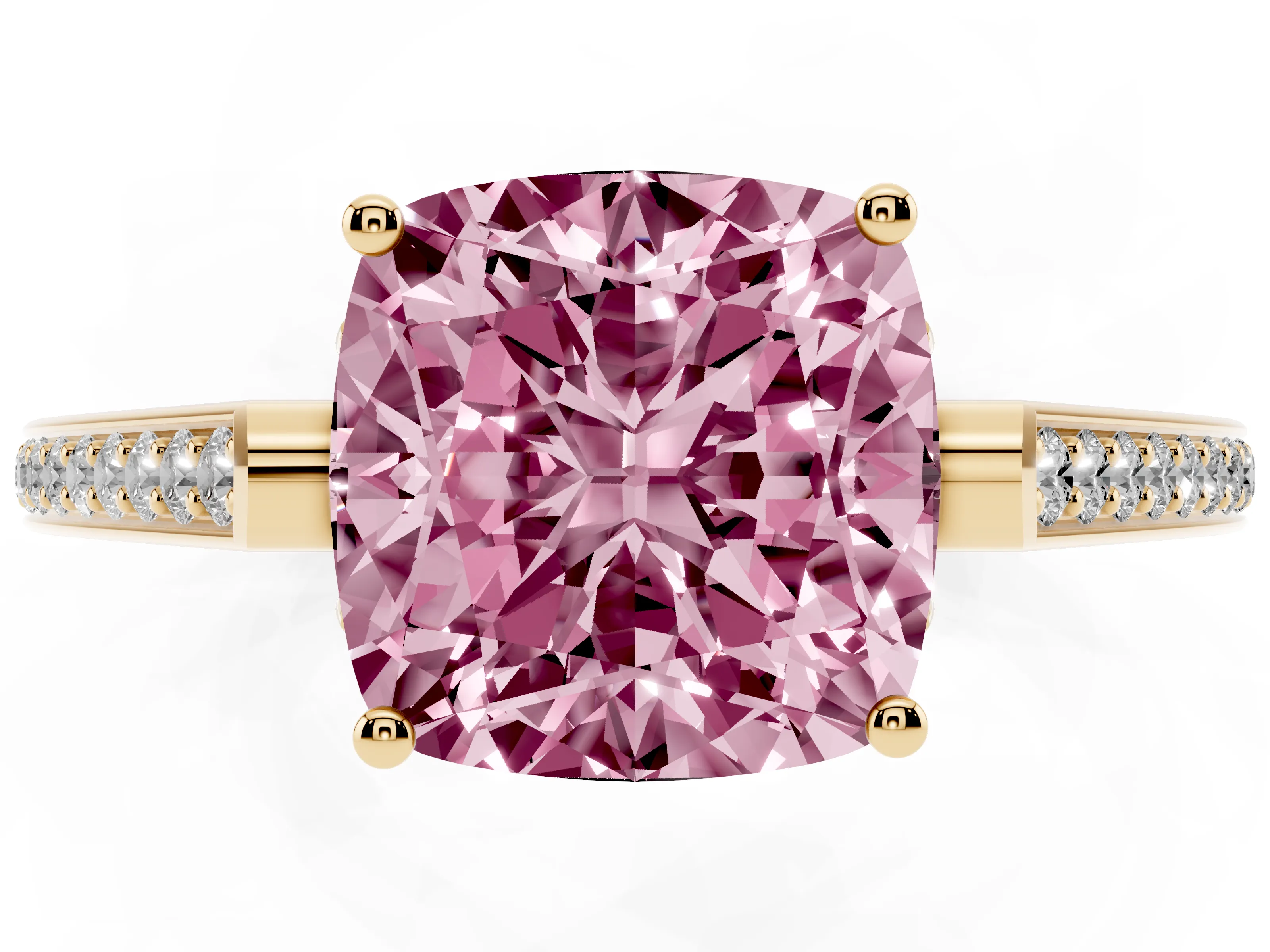 Fancy Pink Cushion Cut Diamond Cathedral Pavé Engagement Ring Set in Yellow gold with Prong Setting