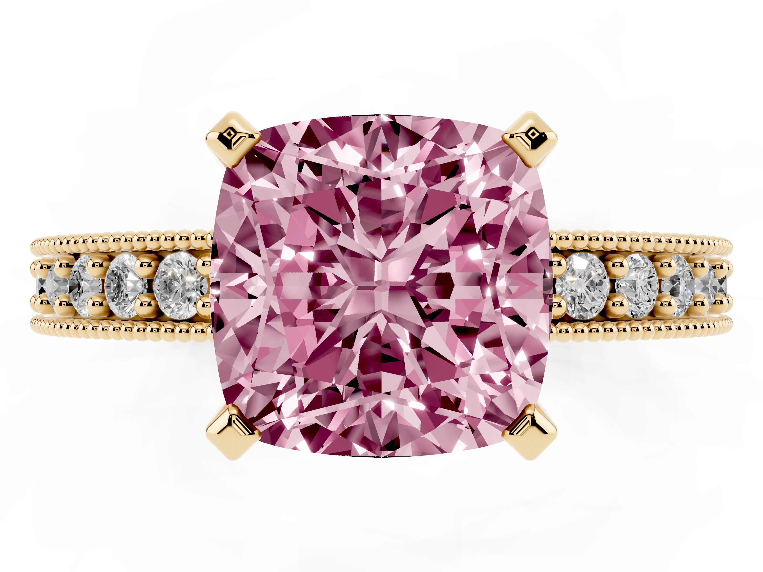 Fancy Pink Cushion Cut Diamond Milgrain Pavé Engagement Ring Set in Yellow gold with Prong Setting