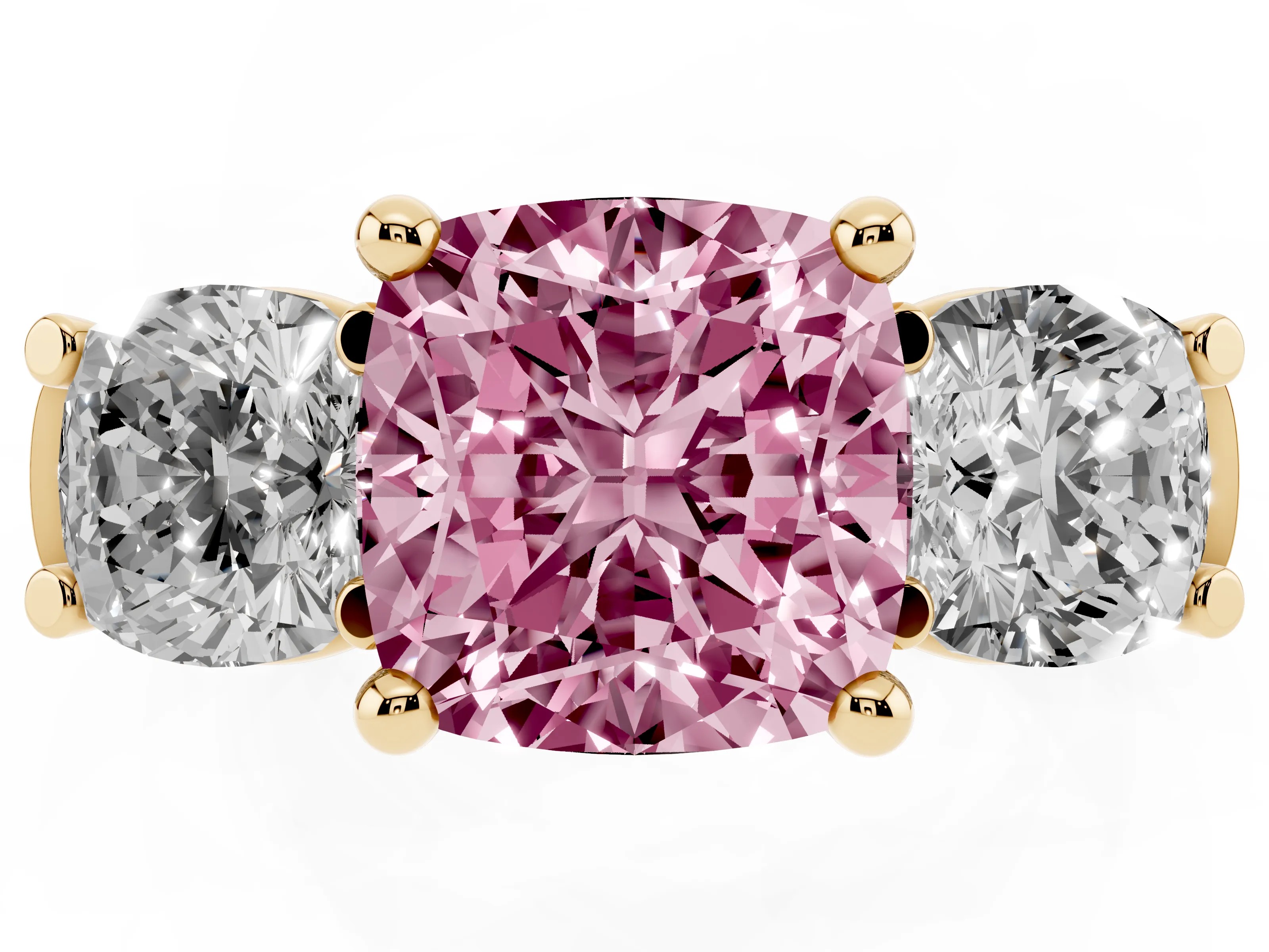 Fancy Pink Cushion Cut Diamond Three-Stone Trellis Ring Set in Yellow gold with Comfort Fit Band