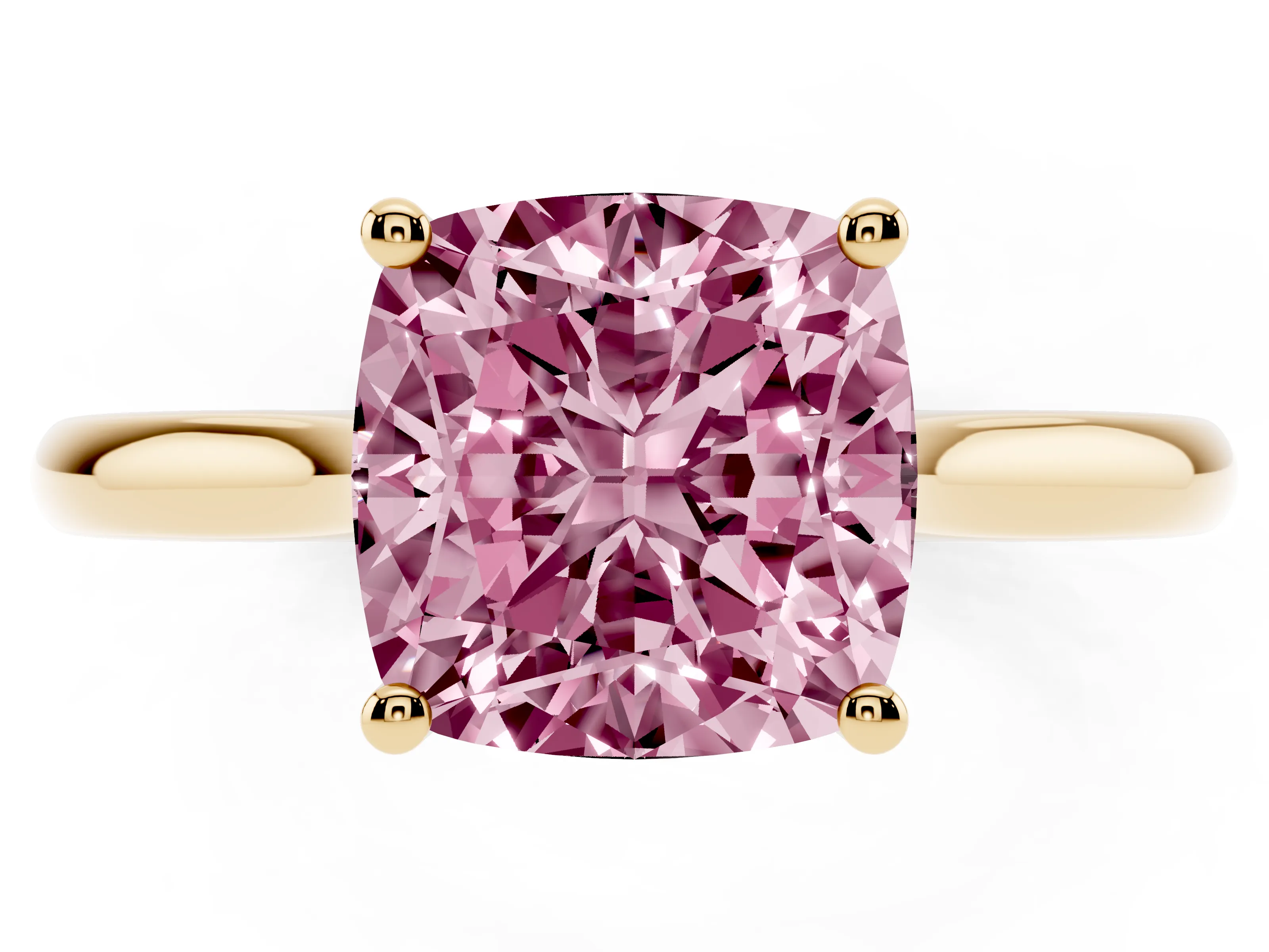 Fancy Pink Cushion Cut Diamond Solitaire Ring Set in Yellow gold with Cathedral Band and Prong Setting