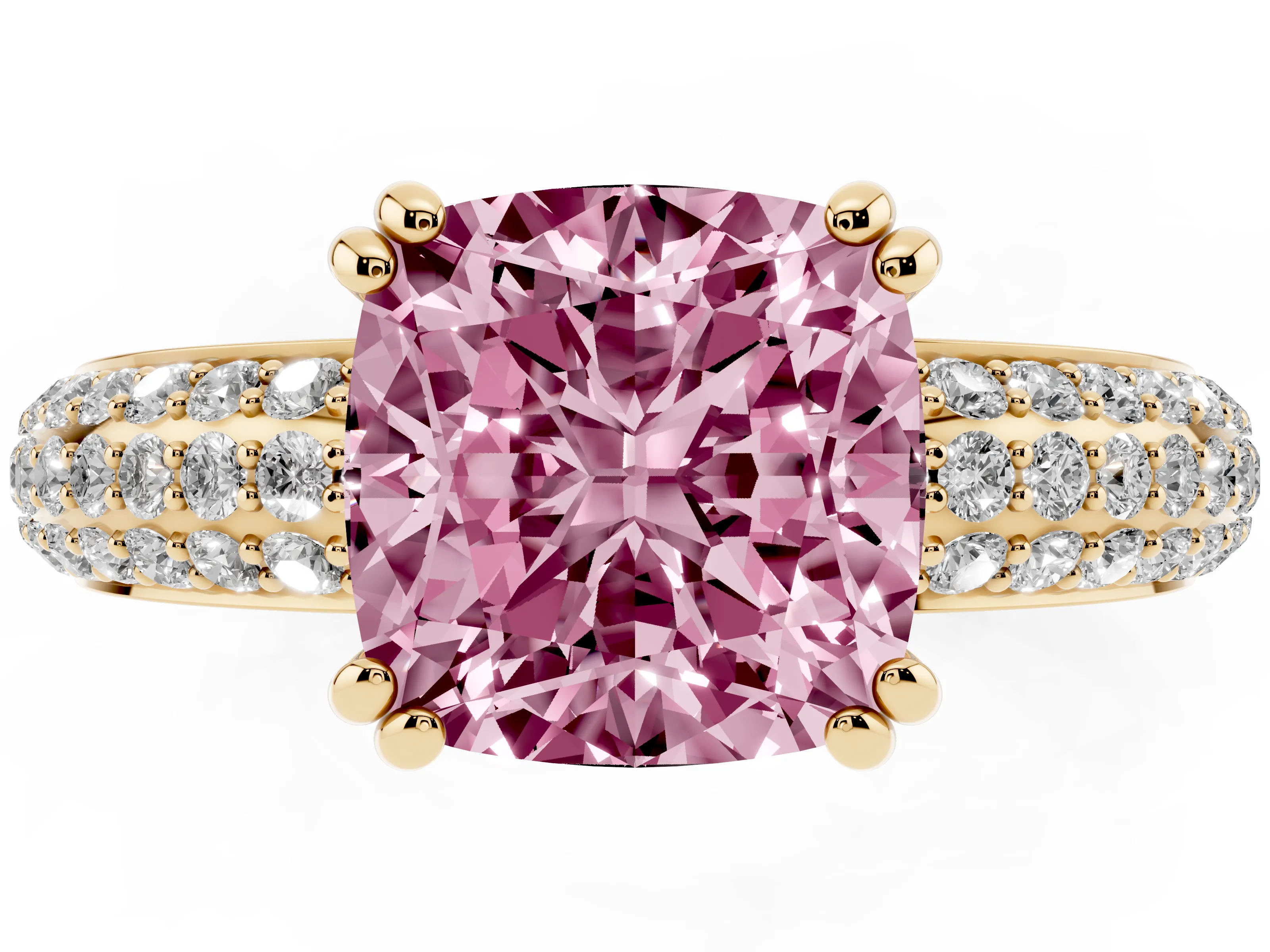 Fancy Pink Cushion Cut Diamond Solitaire Ring Set in Yellow gold with Multi-Row Round Pavé Band and Prong Setting
