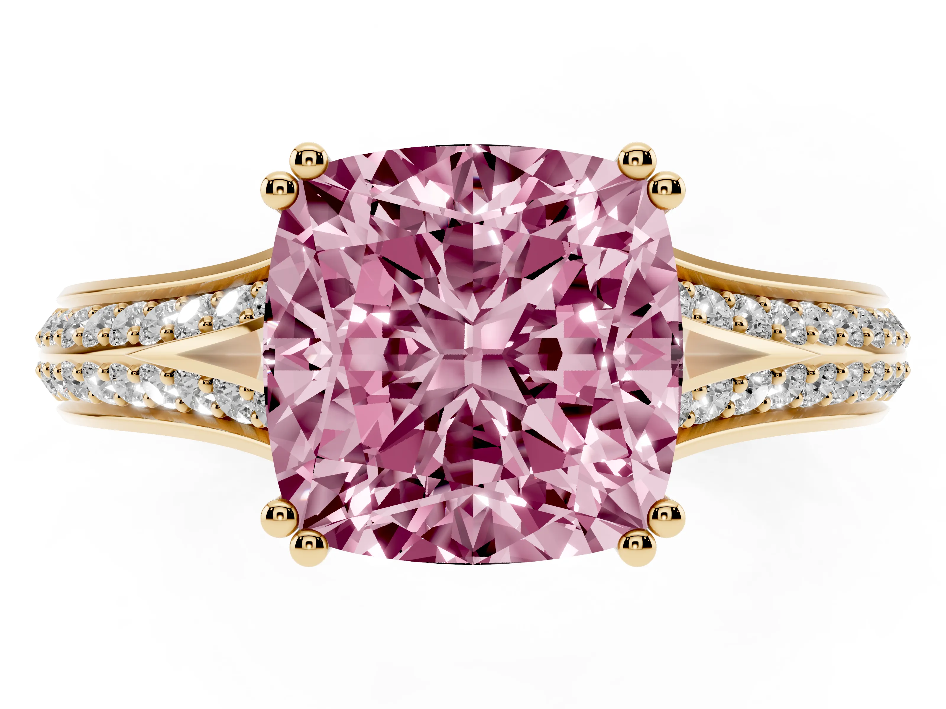 Fancy Pink Cushion Cut Diamond Split Shank Pavé Engagement Ring Set in Yellow gold with Prong-Set Center Stone
