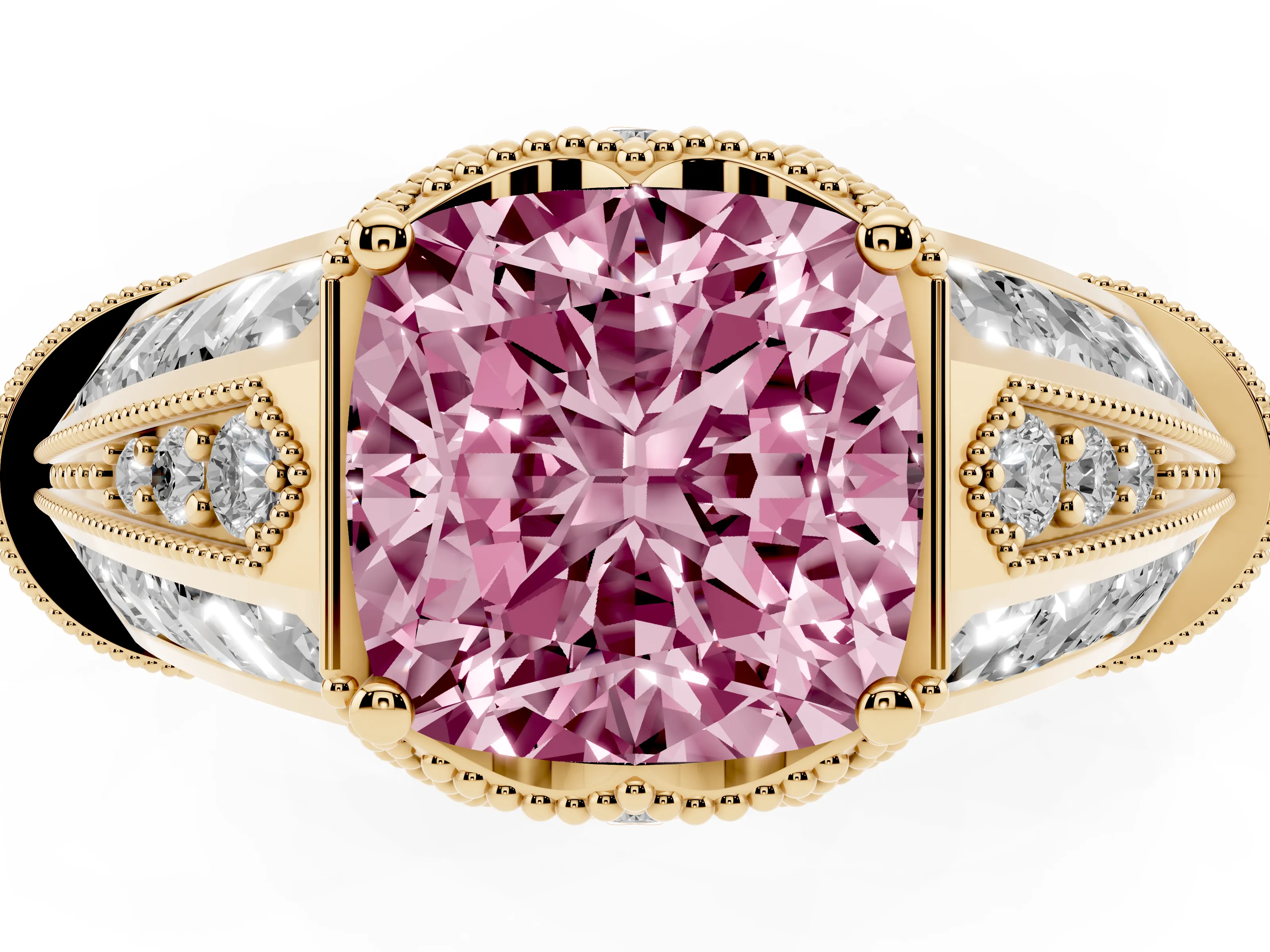 Fancy Pink Cushion Cut Diamond Vintage-Inspired Milgrain Ring Set in Yellow gold with Accent Split Shank