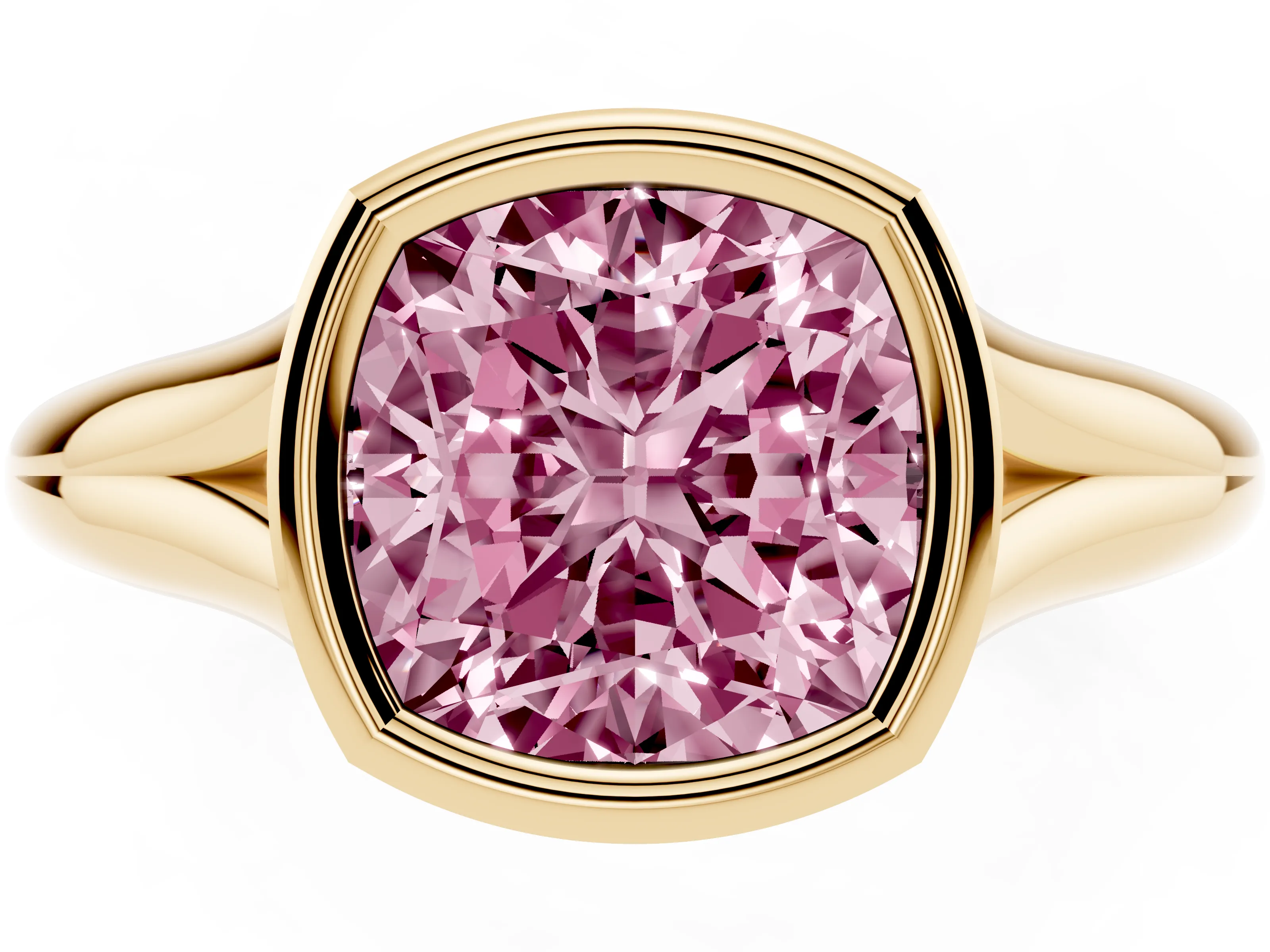 Fancy Pink Bezel Set Cushion Cut Diamond Solitaire Ring Set in Yellow gold with Smooth Band