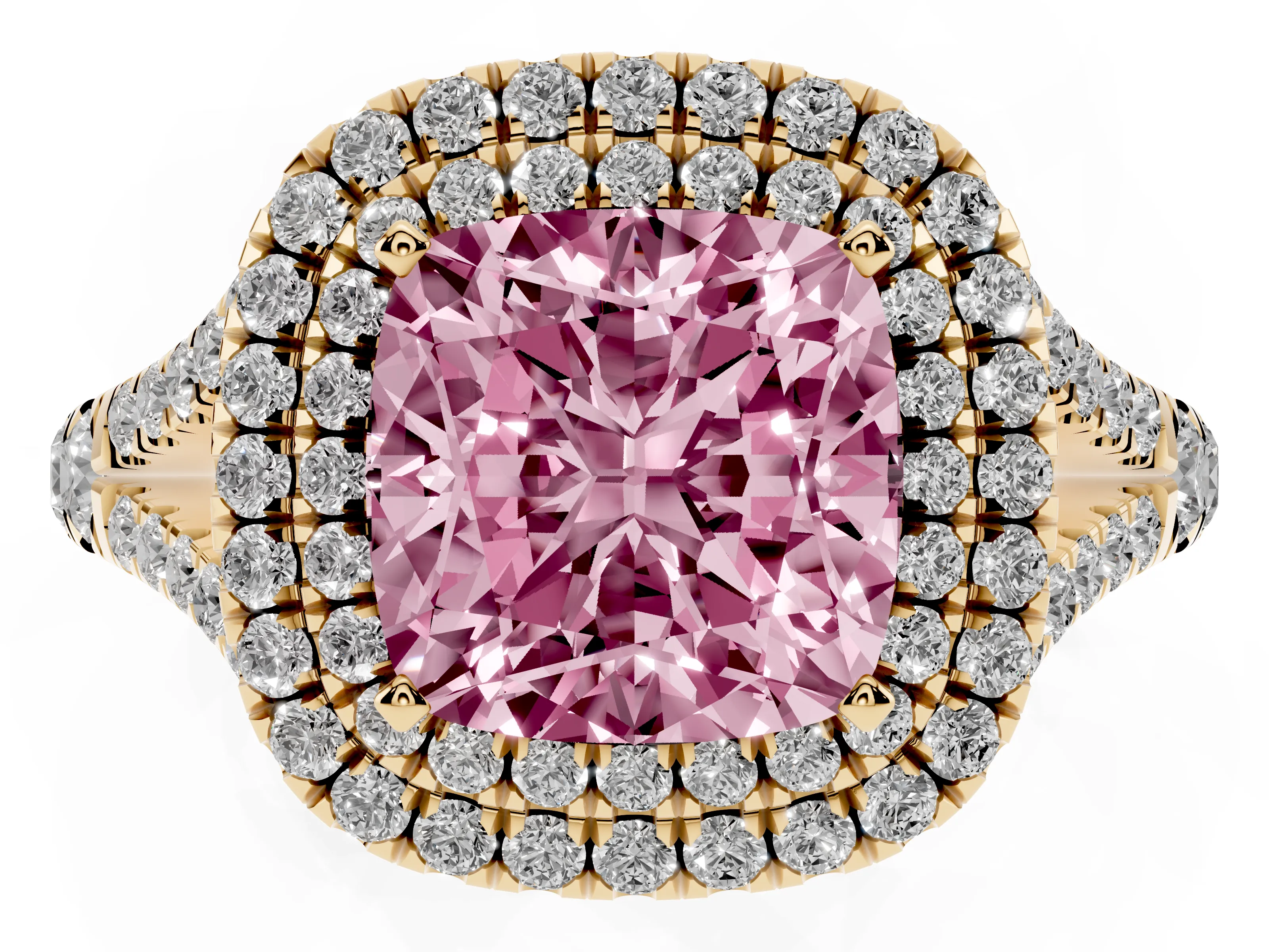 Fancy Pink Cushion Cut Diamond Pavé Split Shank Double Halo Engagement Ring Set in Yellow gold