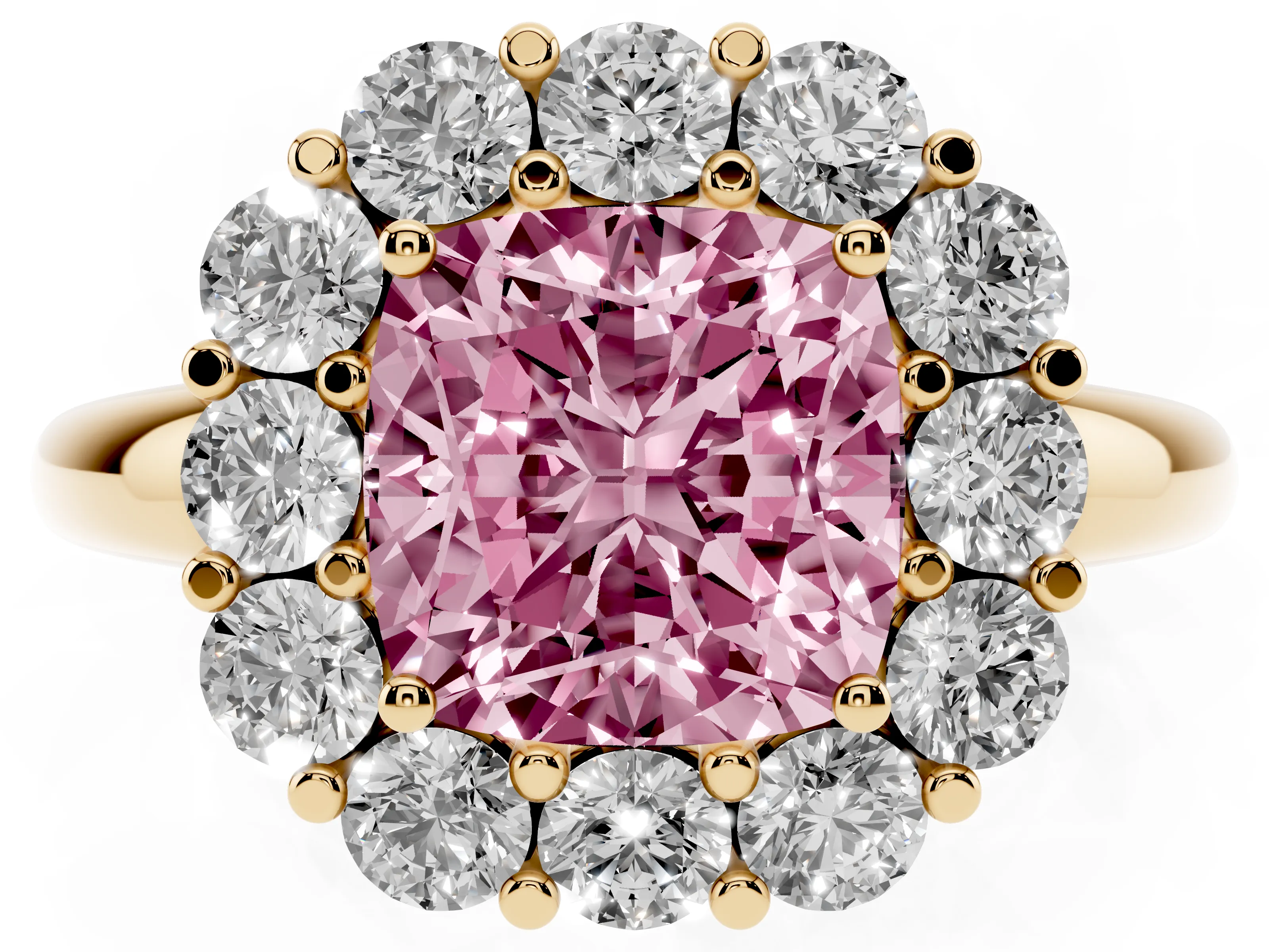 Fancy Pink Cushion Cut Diamond Halo Cluster Engagement Ring Set in Yellow gold with Polished Band and Prong Setting