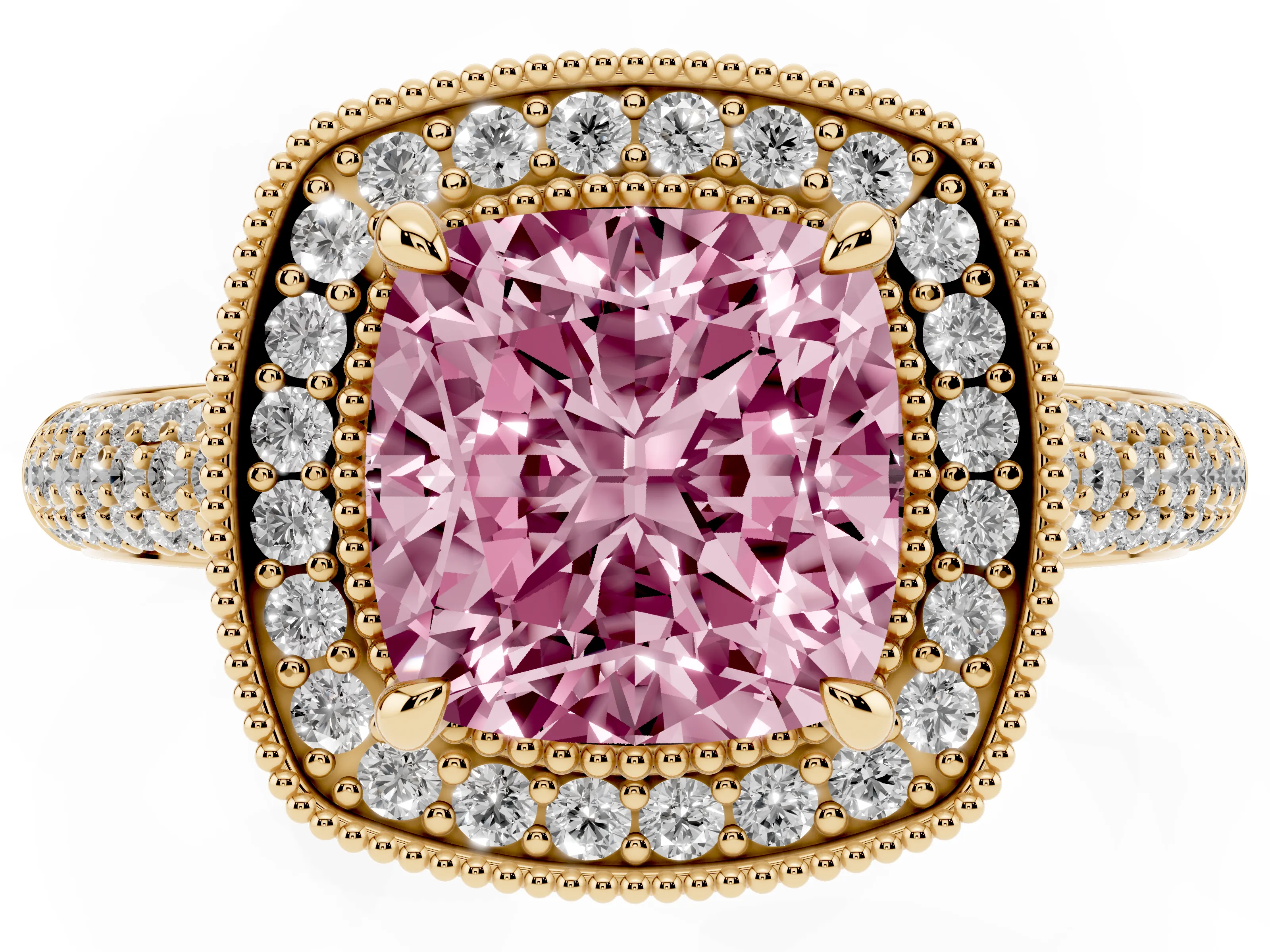 Fancy Pink Cushion Cut Diamond Halo Pavé Band Set in Yellow gold with Prong Setting