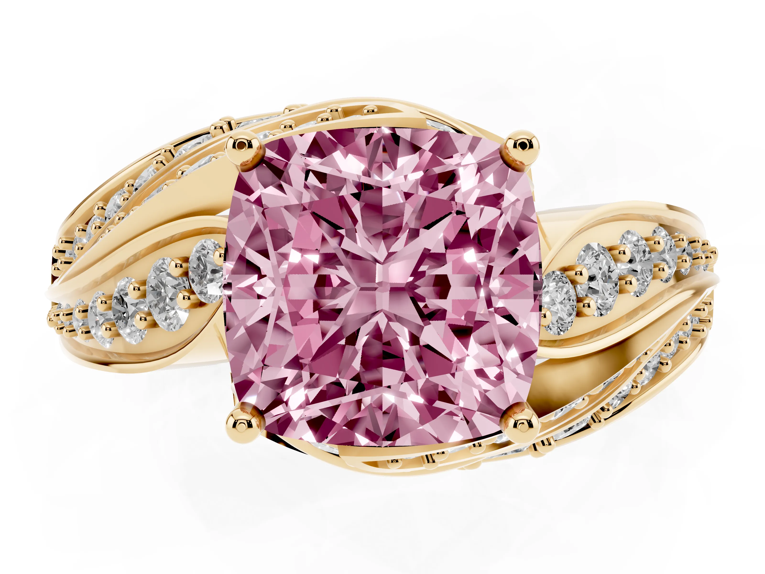 Fancy Pink Cushion Cut Diamond Solitaire Ring Set in Yellow gold with Layered Twist Pavé Band