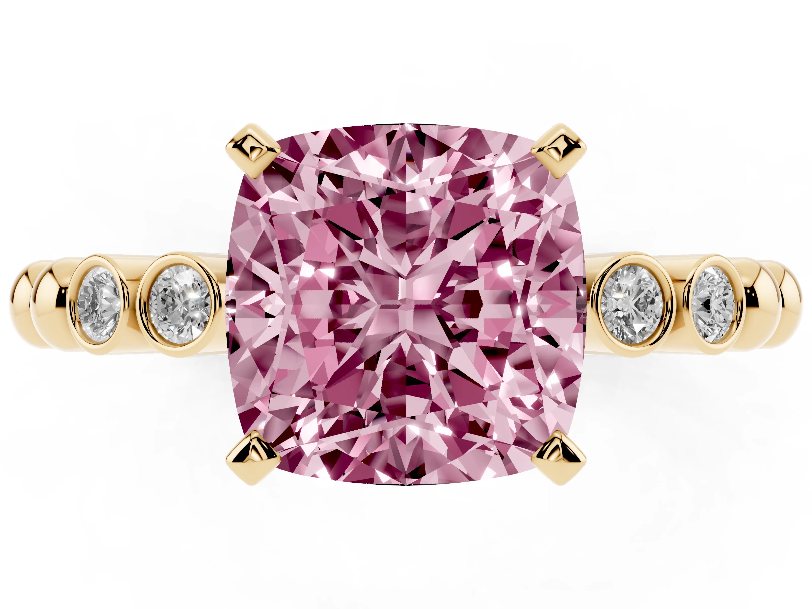 Fancy Pink Cushion Cut Diamond Solitaire Engagement Ring Set in Yellow gold with Bezel Accents on Beaded Band