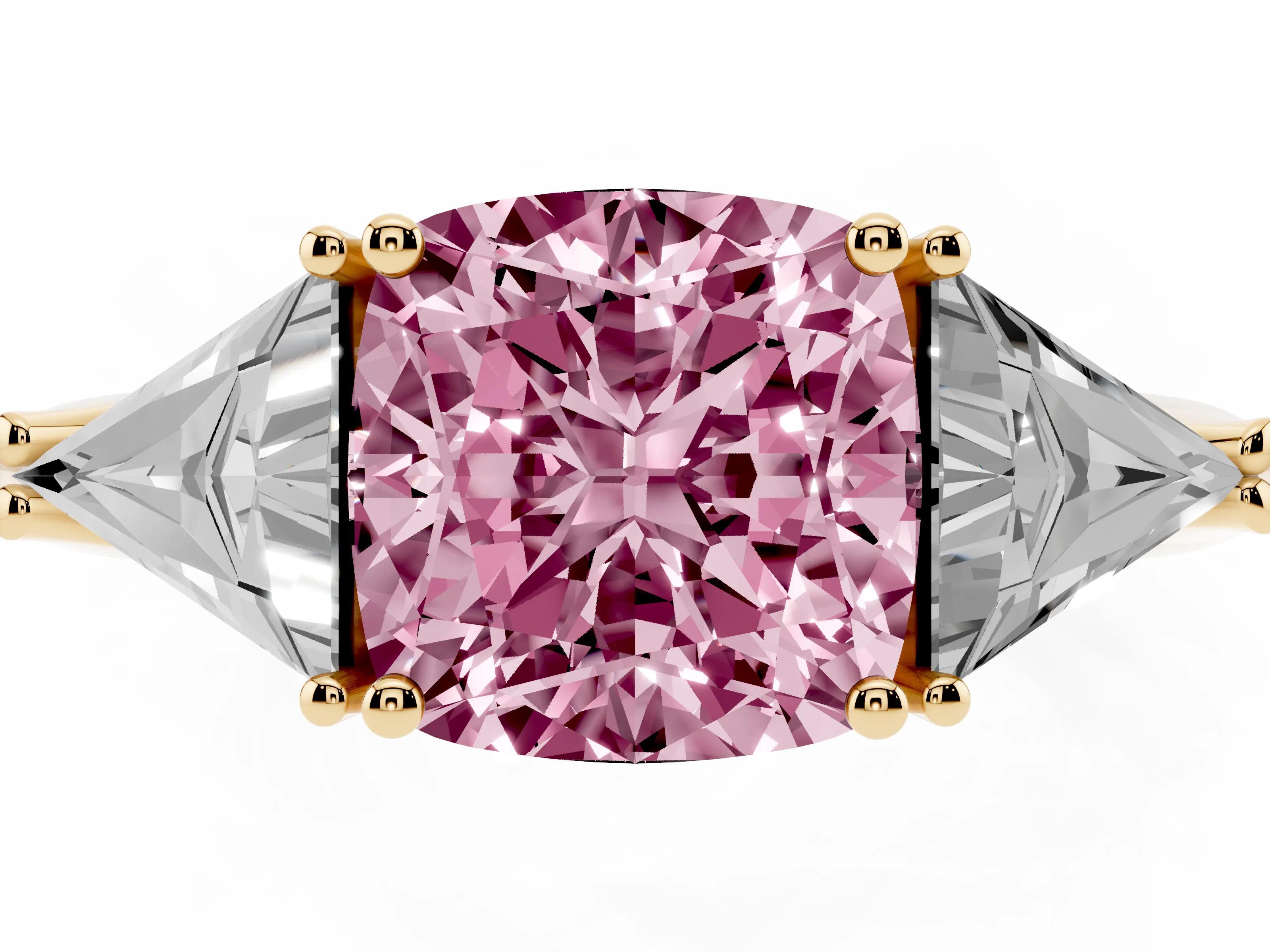 Fancy Pink Cushion Cut Diamond Three-Stone Engagement Ring Set in Yellow gold with Trillion Side Stones