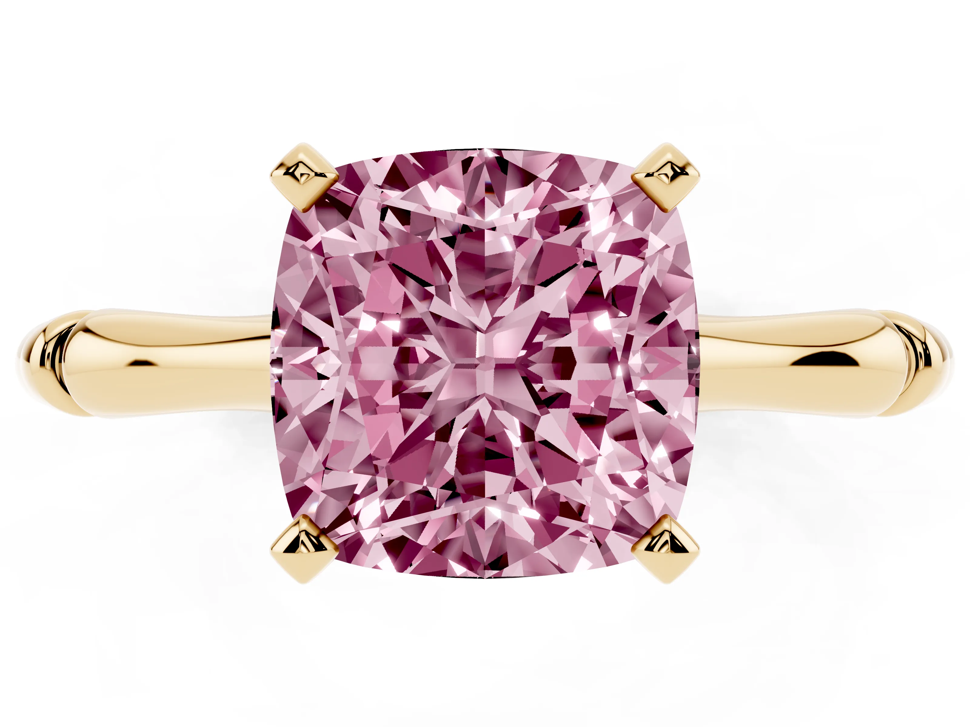 Fancy Pink Cushion Cut Diamond Solitaire Ring Set in Yellow gold with Bamboo Band and Prong Setting