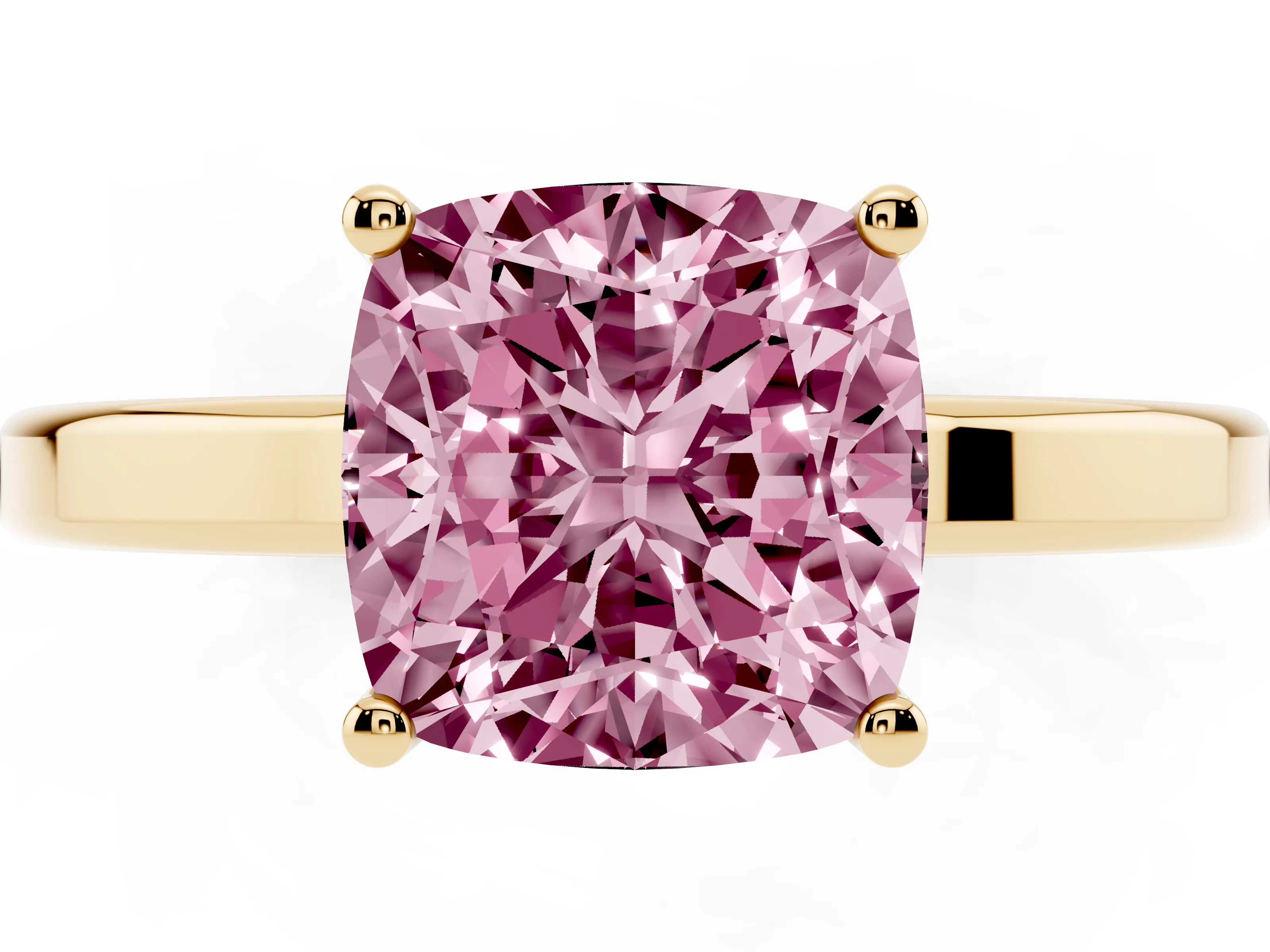 Fancy Pink Cushion Cut Diamond Solitaire Engagement Ring Set in Yellow gold with Prong Setting on a Plain Band