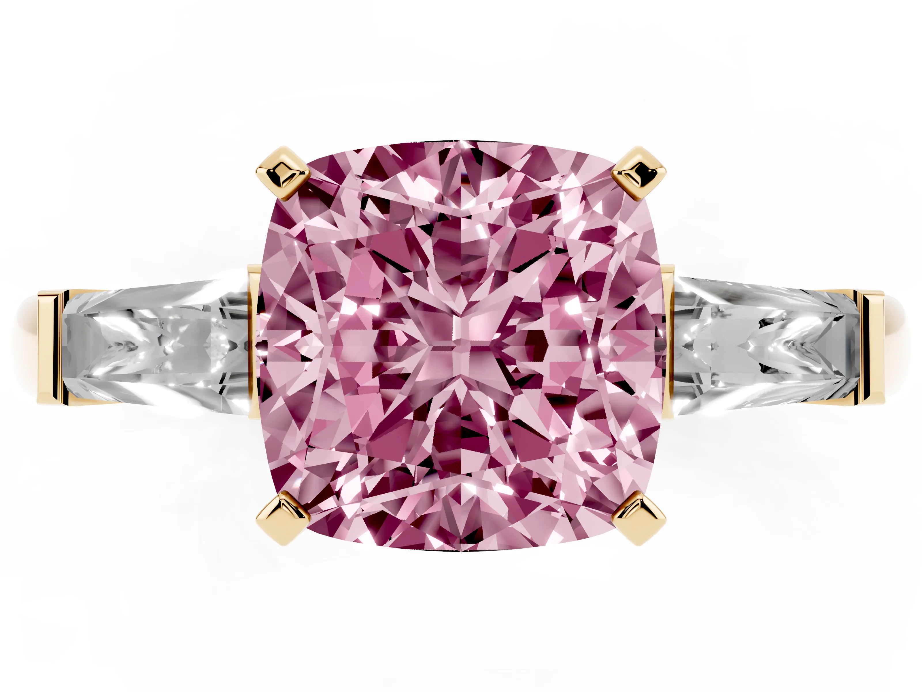 Fancy Pink Cushion Cut Diamond Solitaire Ring Set in Yellow gold with Tapered Baguette Side Stones and Prong Setting