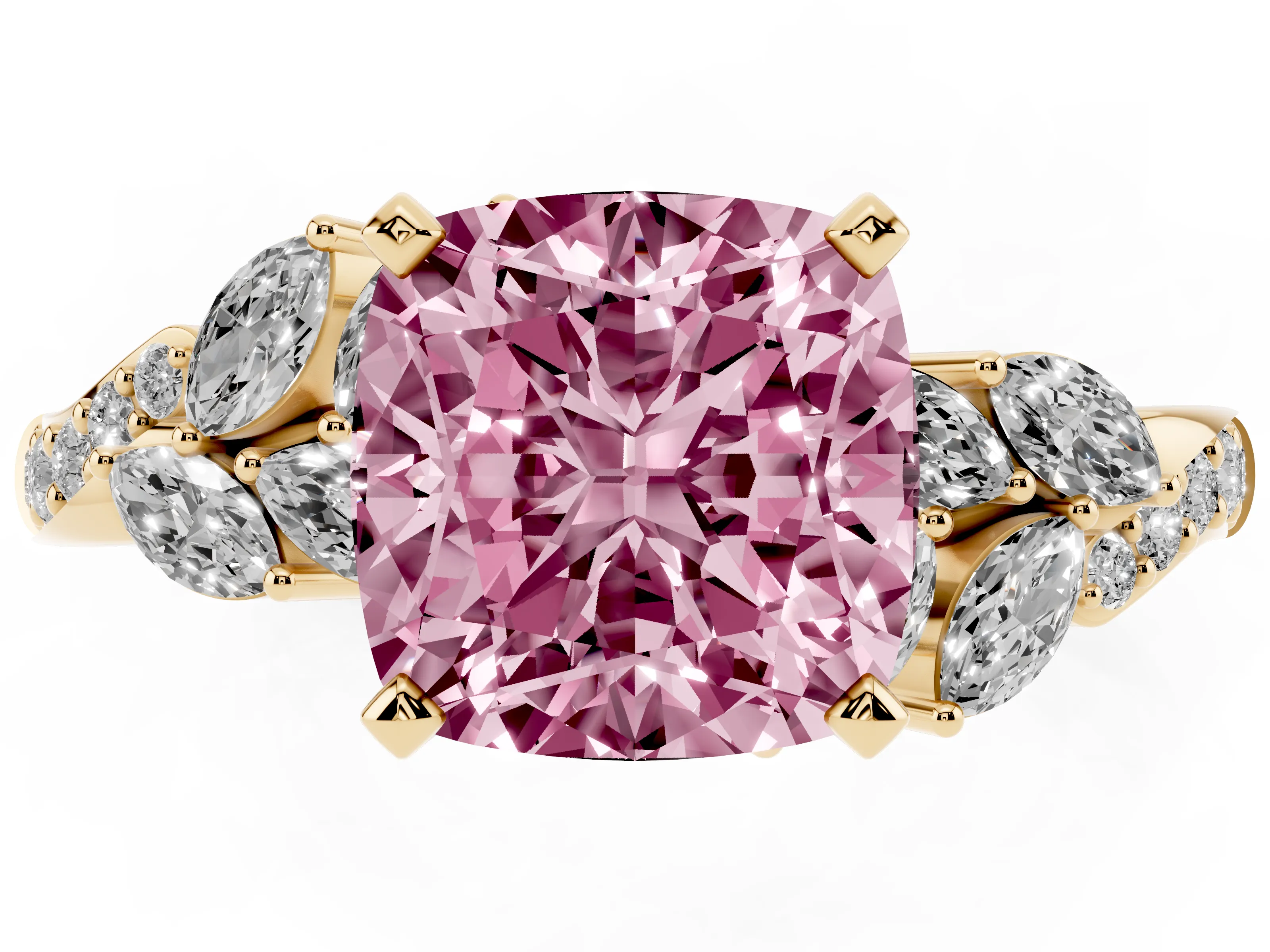 Fancy Pink Cushion Cut Diamond Solitaire Ring Set in Yellow gold with Marquise Twist Band and Prong Setting