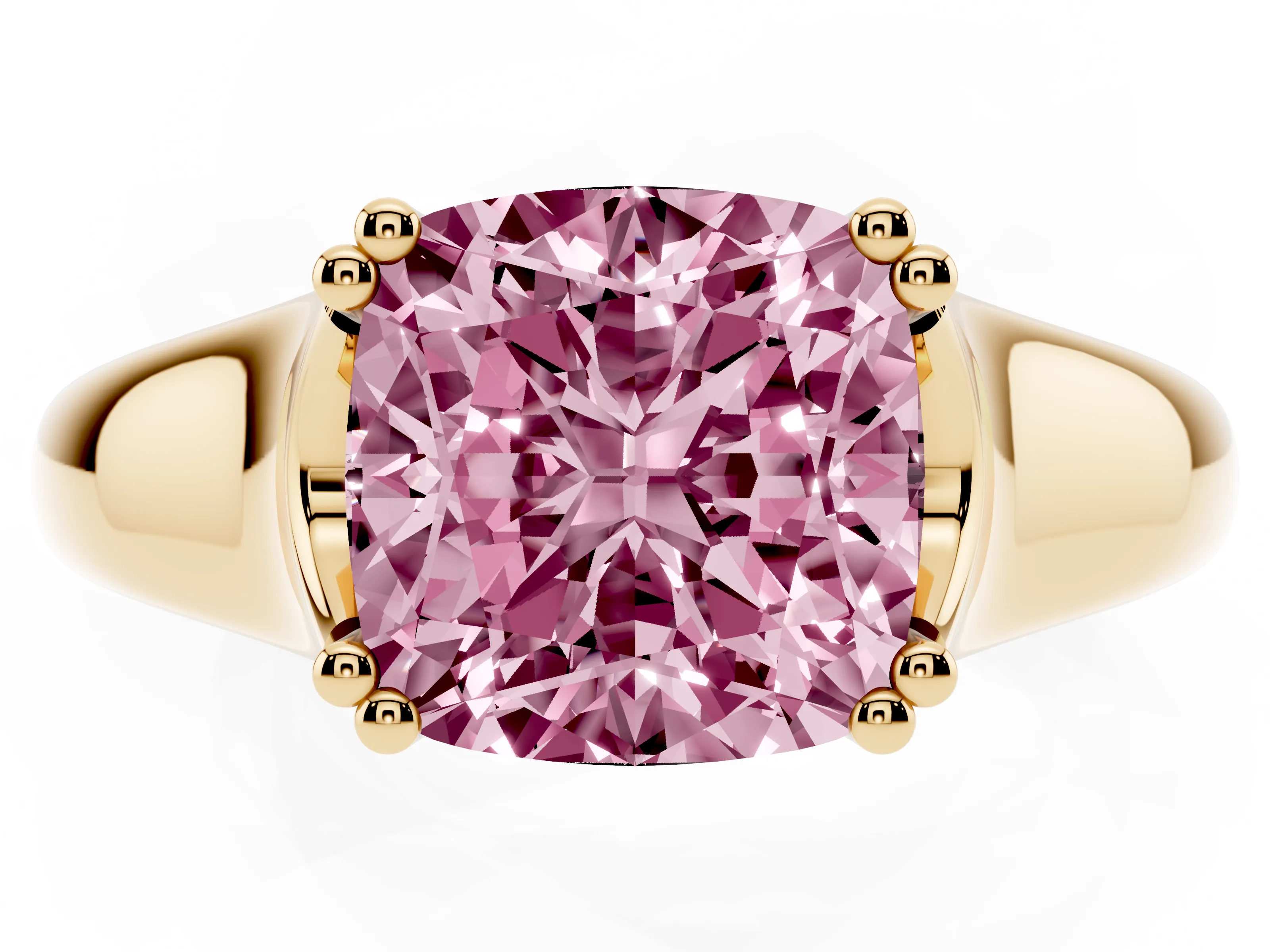 Fancy Pink Cushion Cut Diamond Solitaire Ring Set in Yellow gold with Wide Band and Prong Setting