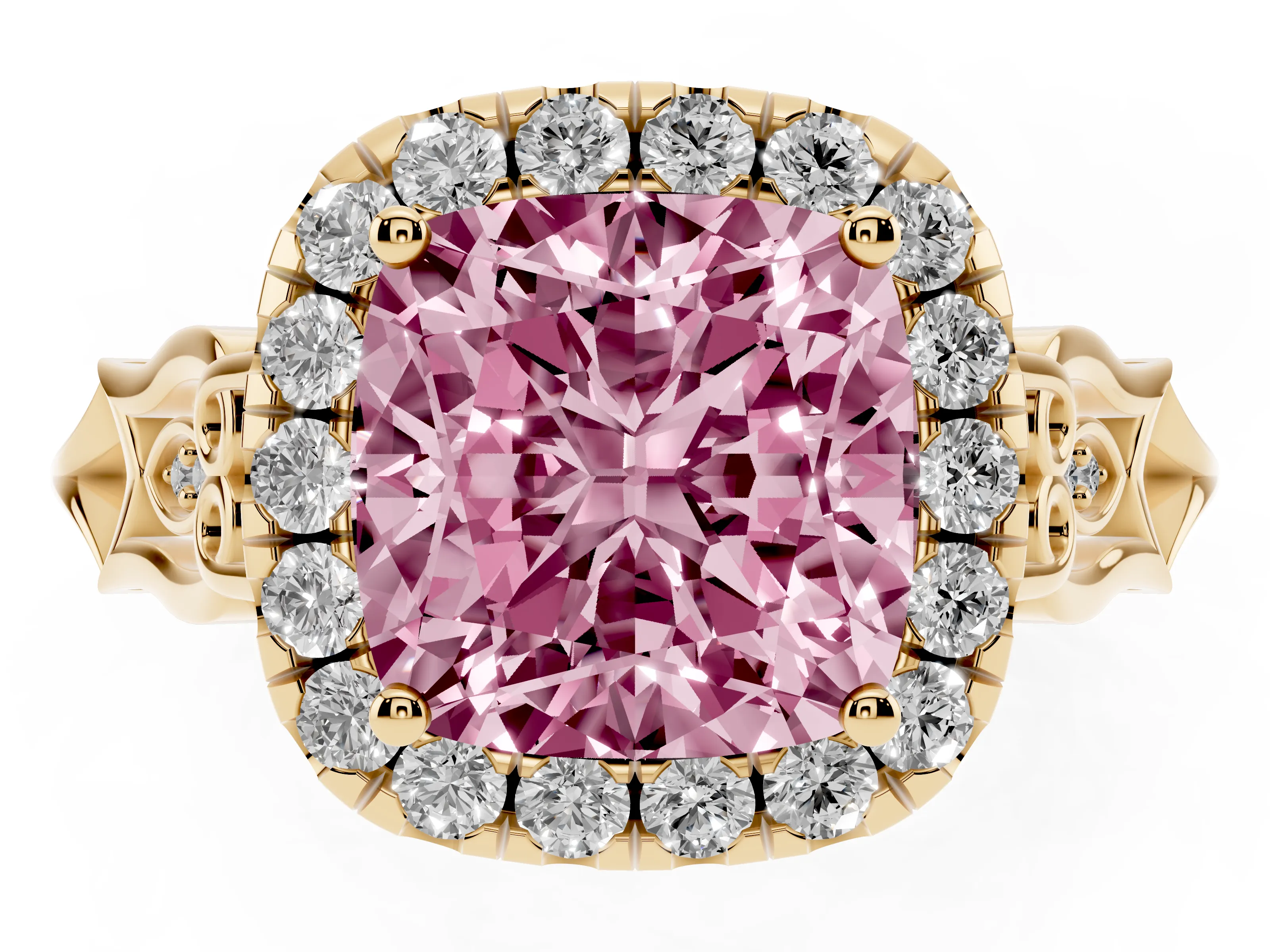 Fancy Pink Cushion Cut Diamond Halo Engagement Ring Set in Yellow gold with Filigree Band and Prong-Set Center