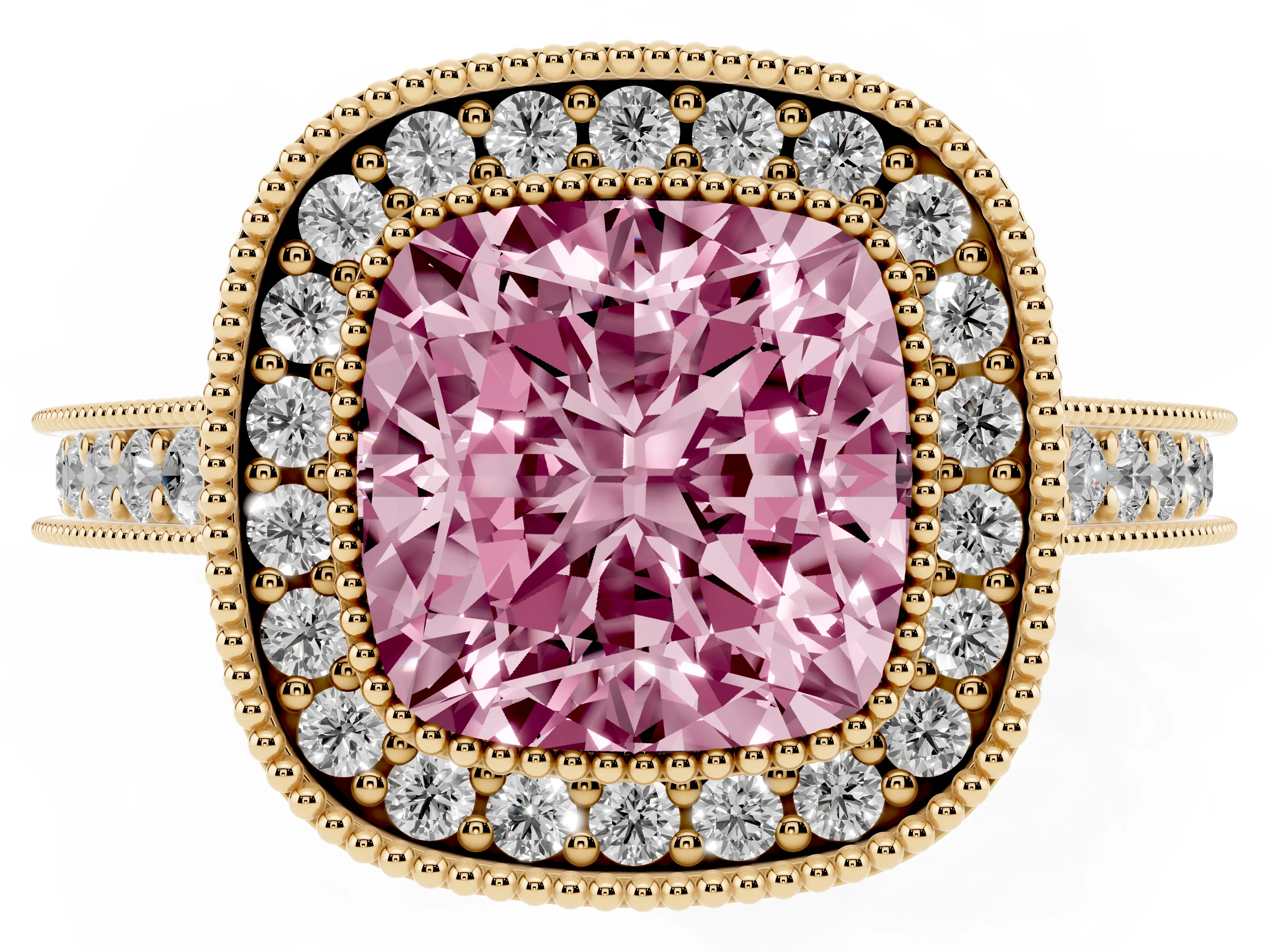 Fancy Pink Cushion Cut Diamond Halo Milgrain Pavé Band Ring Set in Yellow gold with Prong Setting