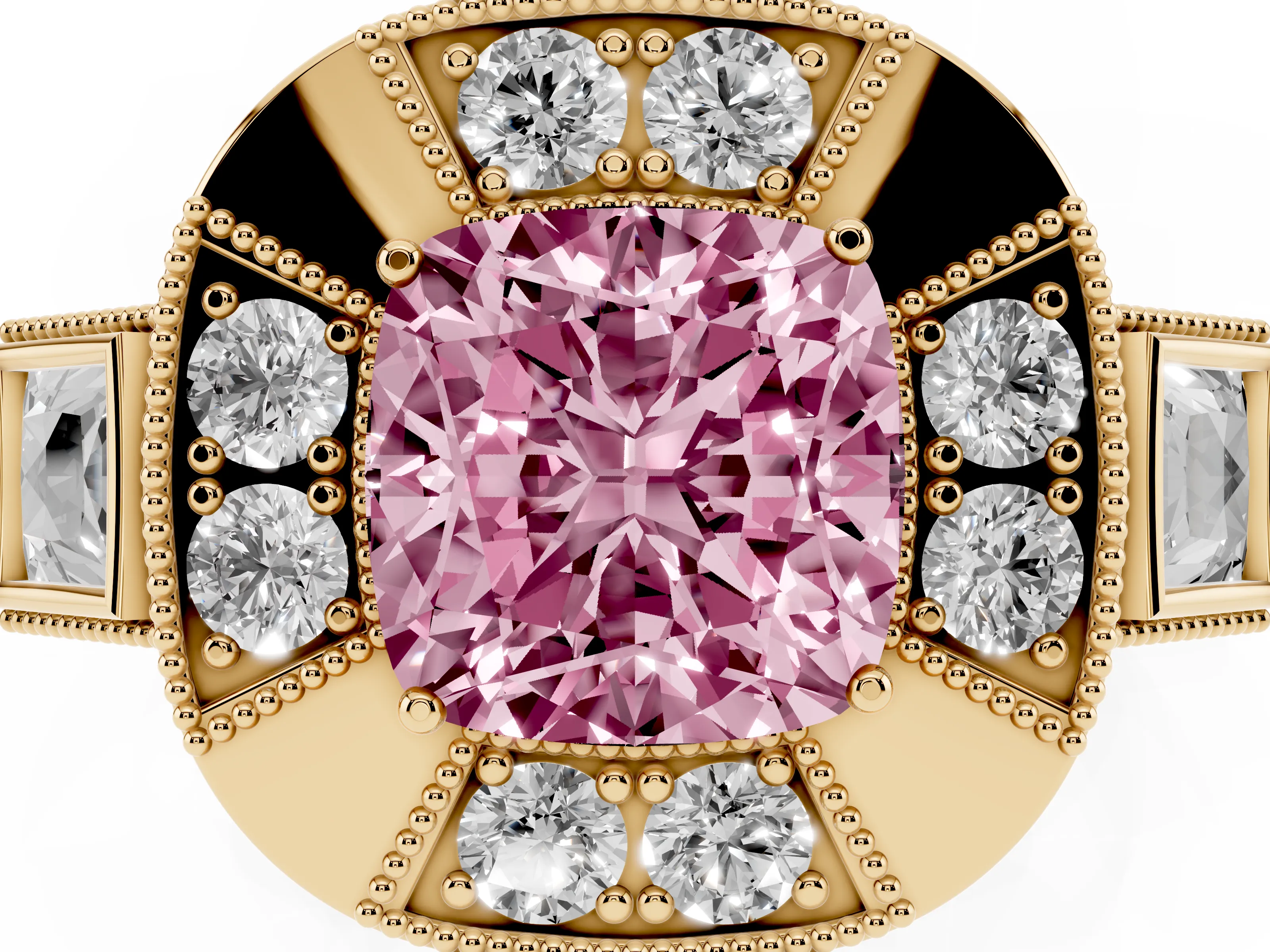 Fancy Pink Cushion Cut Diamond Milgrain Halo Ring Set in Yellow gold with Split Shank