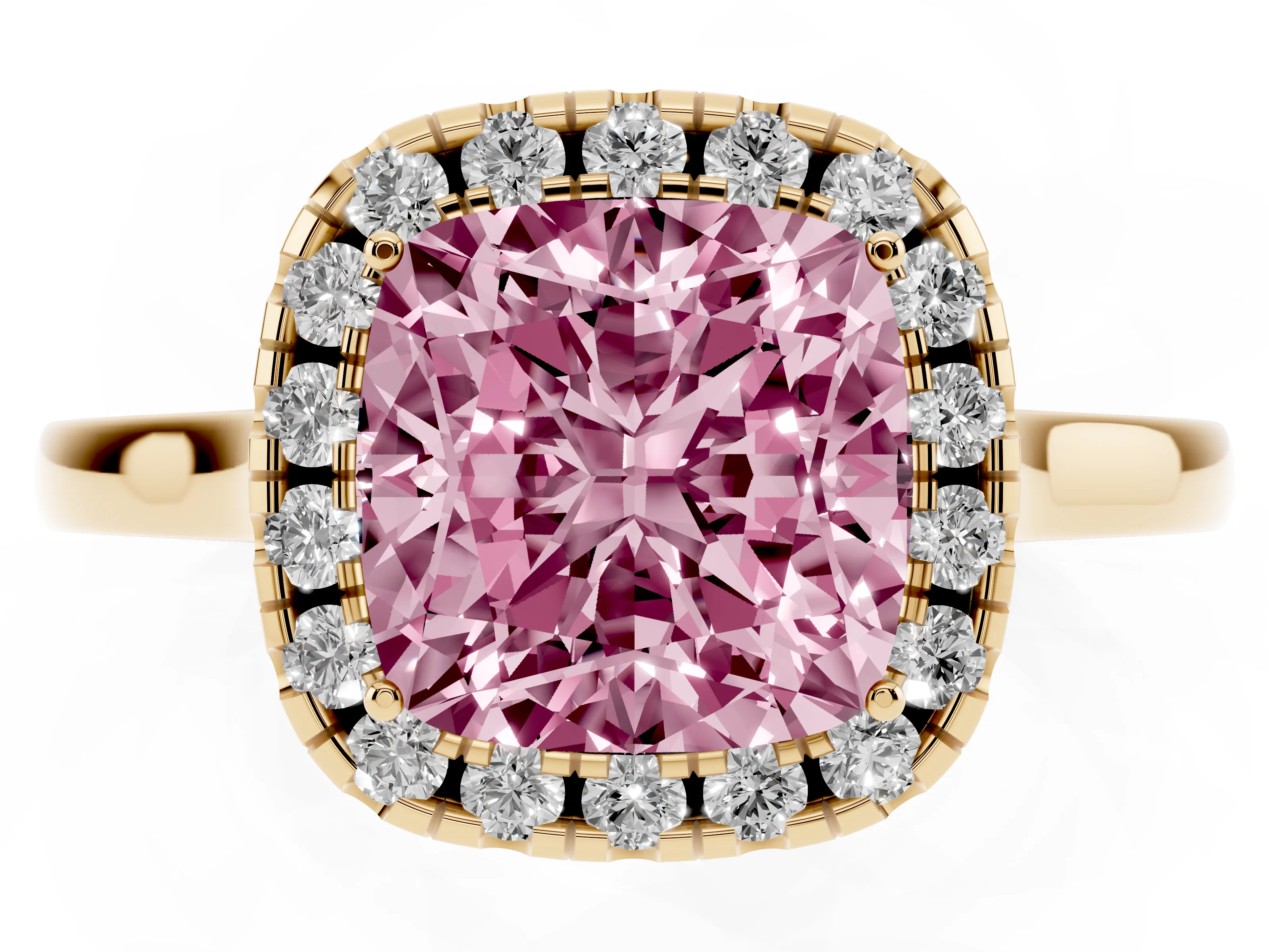 Fancy Pink Cushion Cut Halo Round Diamond Solitaire Ring Set in Yellow gold with Pavé Band and Prong Setting