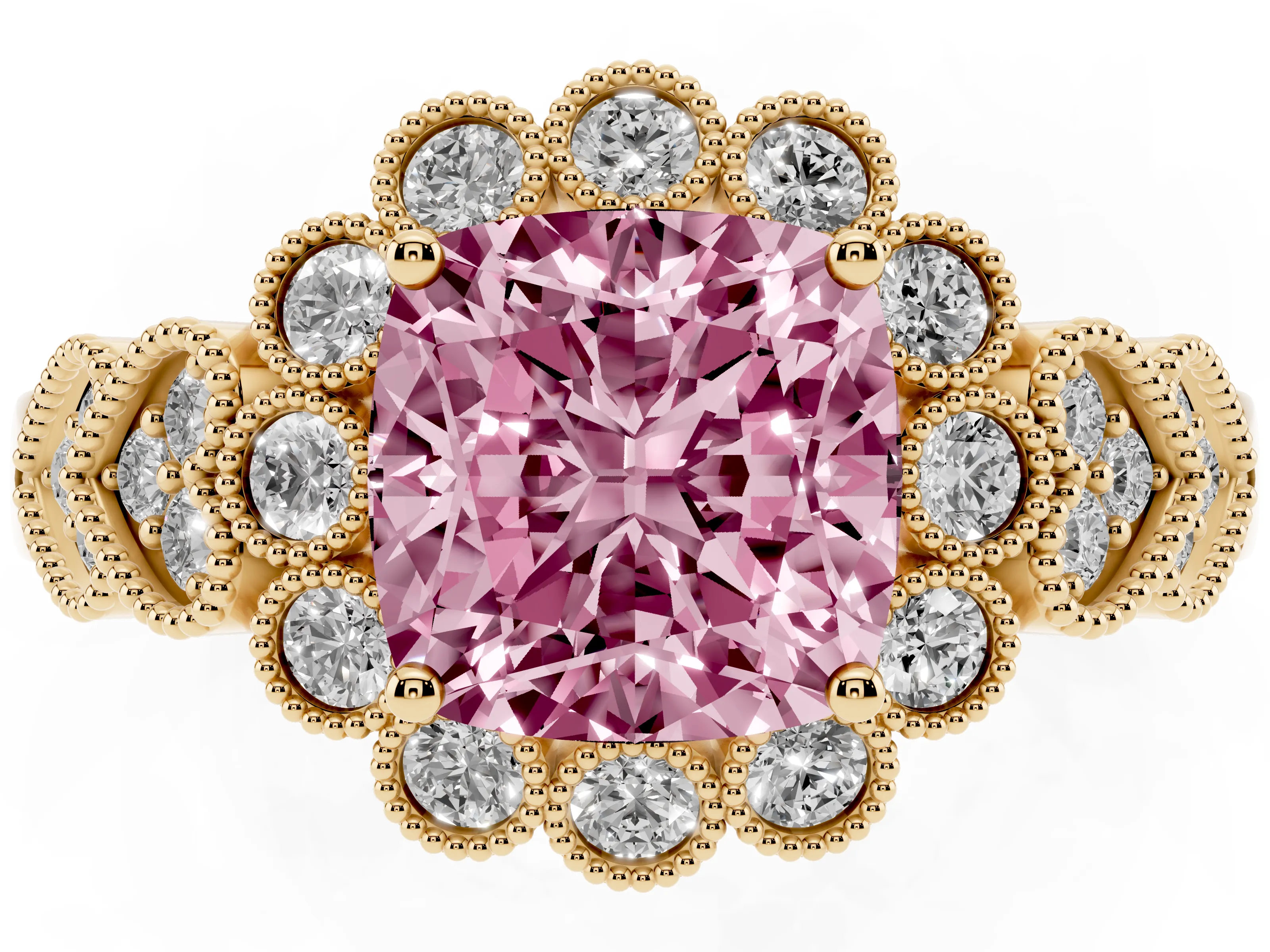 Fancy Pink Cushion Cut Diamond Solitaire Ring Set in Yellow gold with Milgrain Pavé Heart Band