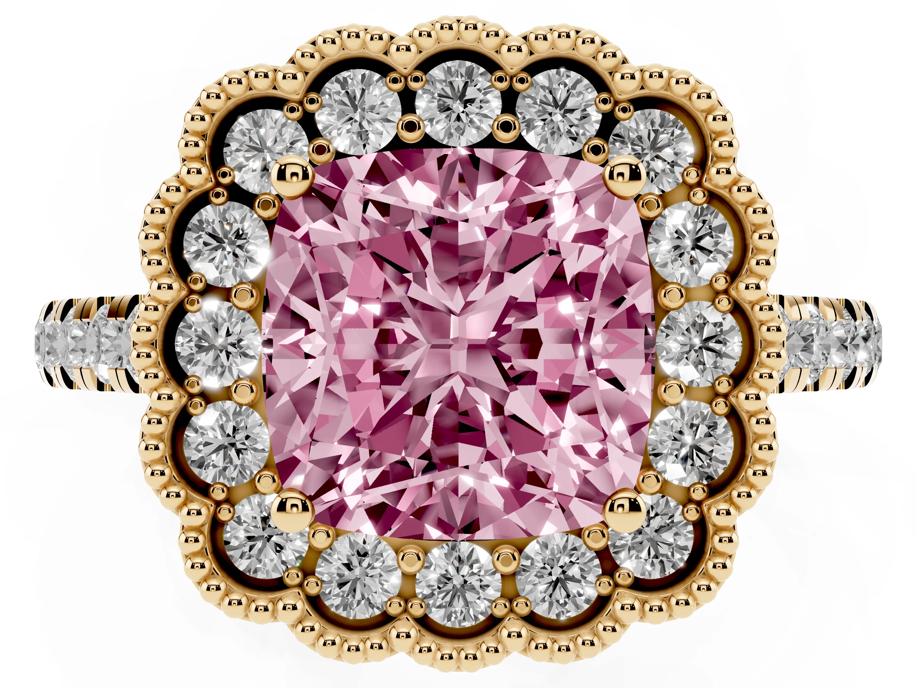 Fancy Pink Cushion Cut Diamond Milgrain Floral Halo Engagement Ring Set in Yellow gold with Pavé Band
