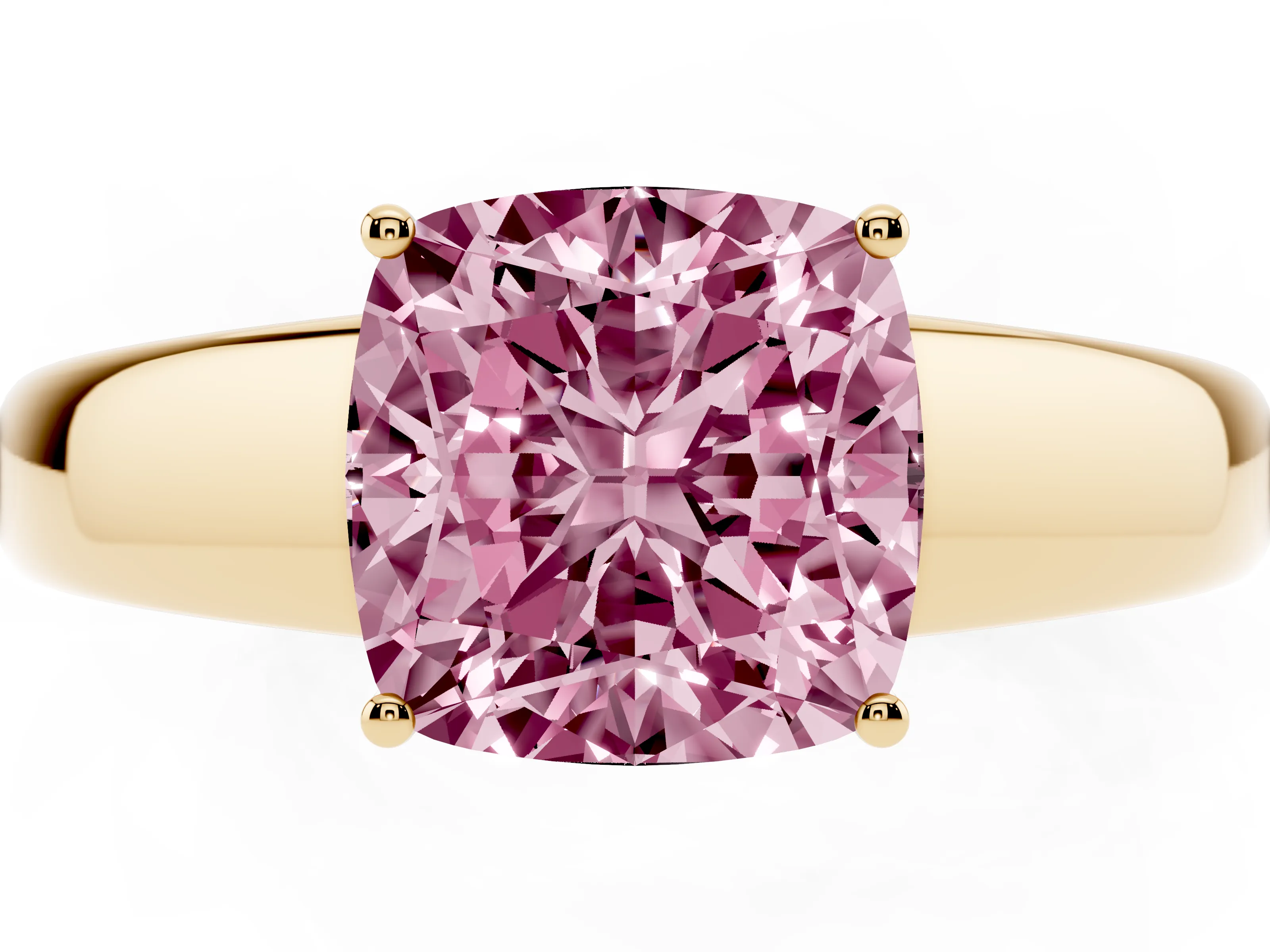 Fancy Pink Cushion Cut Diamond Solitaire Ring Set in Yellow gold with Tapered Band and Prong Setting