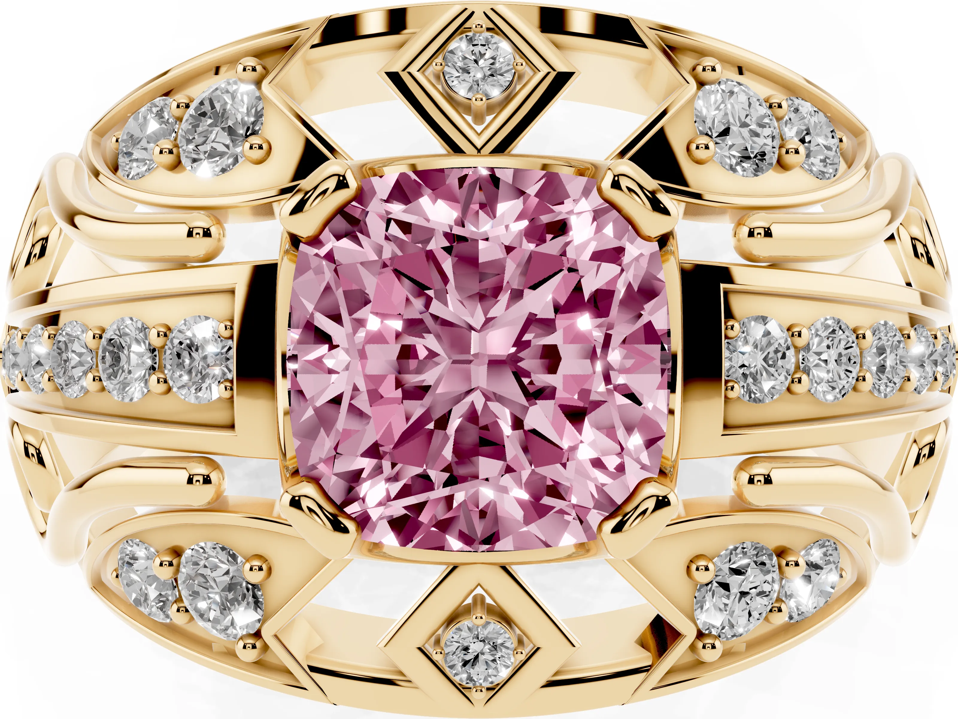 Fancy Pink Cushion Cut Diamond Art Deco Ring Set in Yellow gold with Pavé Split Shank