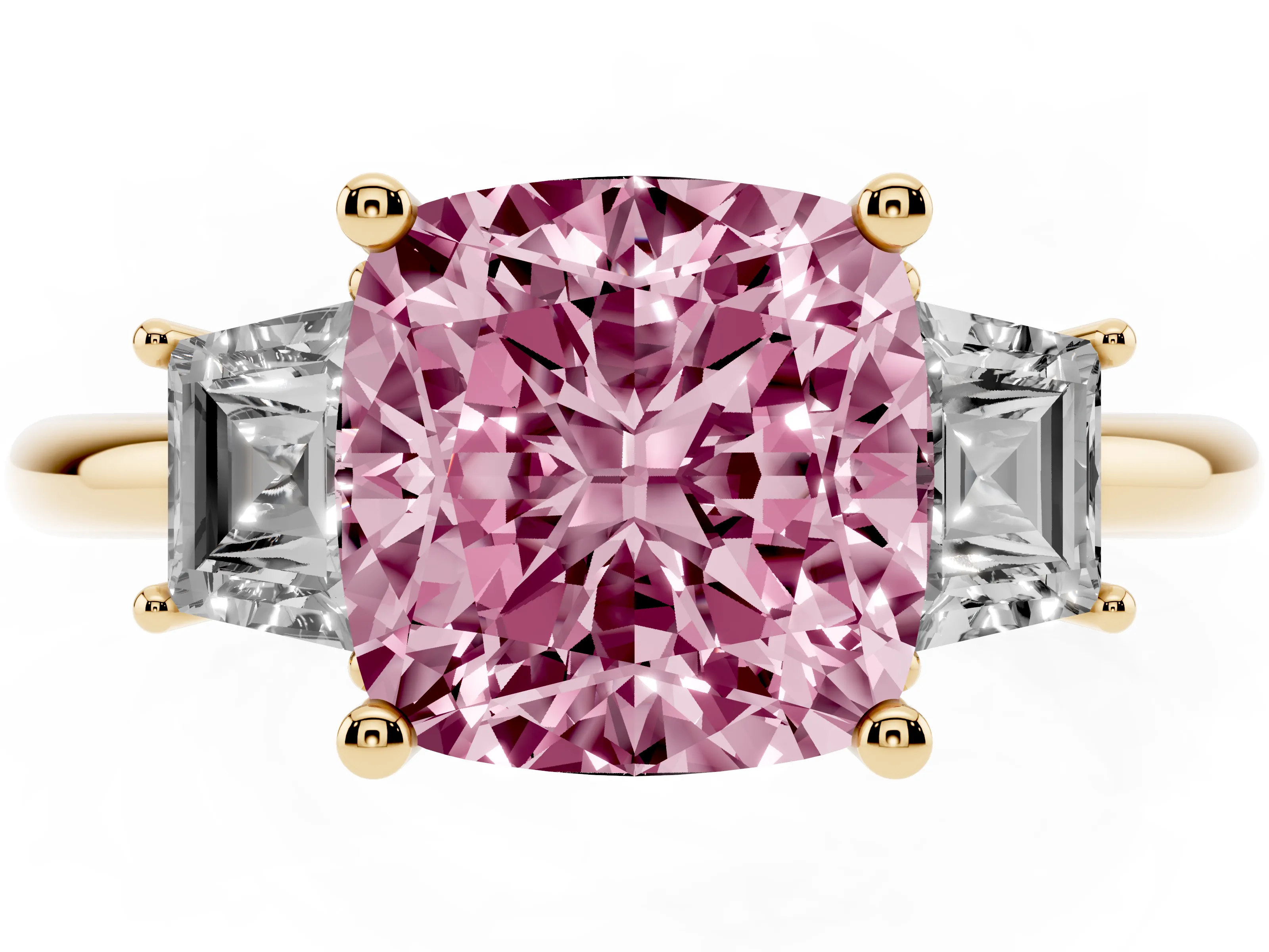 Fancy Pink Cushion Cut Diamond Three-Stone Ring Set in Yellow gold with Trapezoid Side Stones and Prong Setting