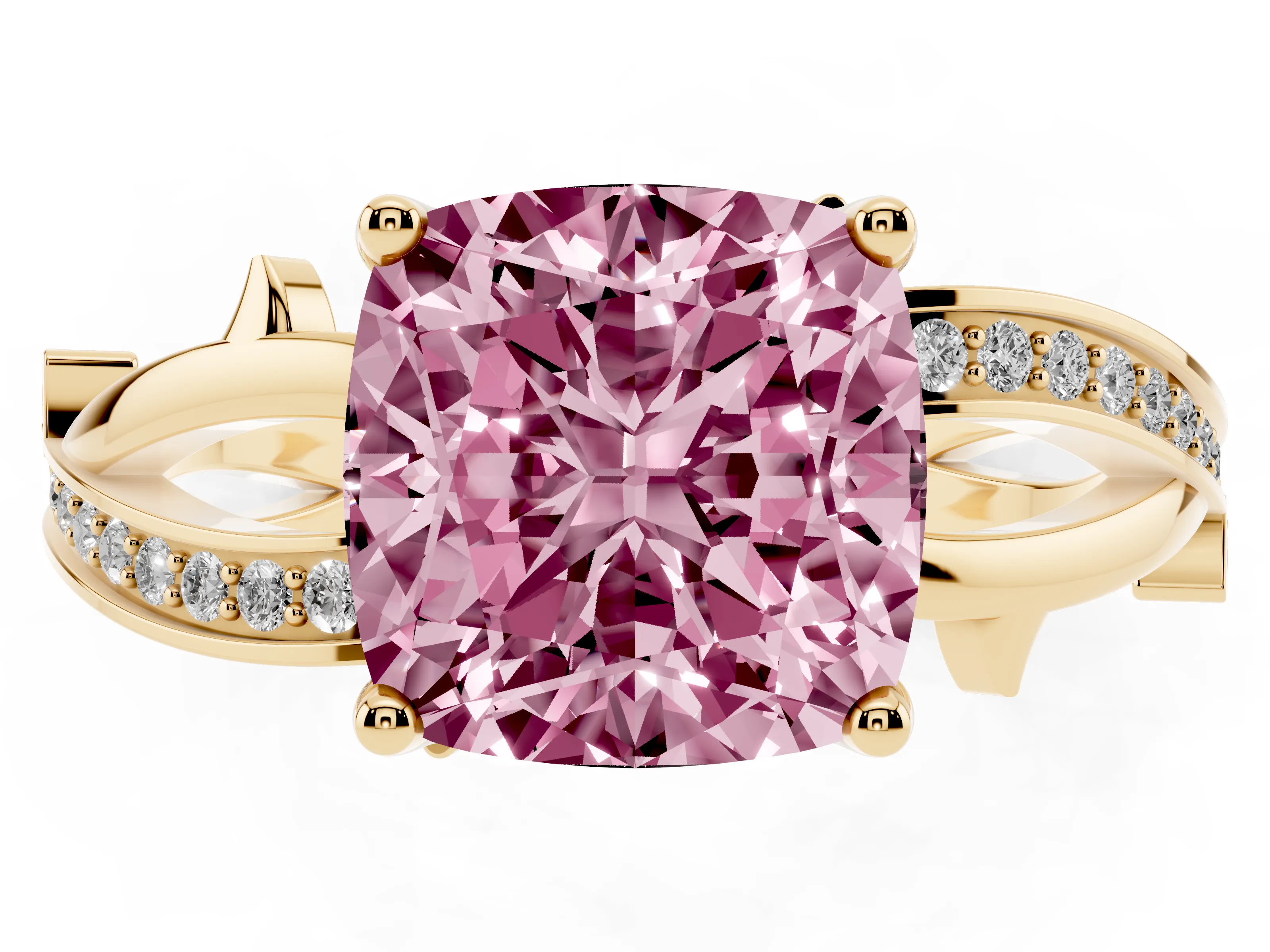 Fancy Pink Cushion Cut Diamond Pavé Twist Band Solitaire Ring Set in Yellow gold with Prong Setting