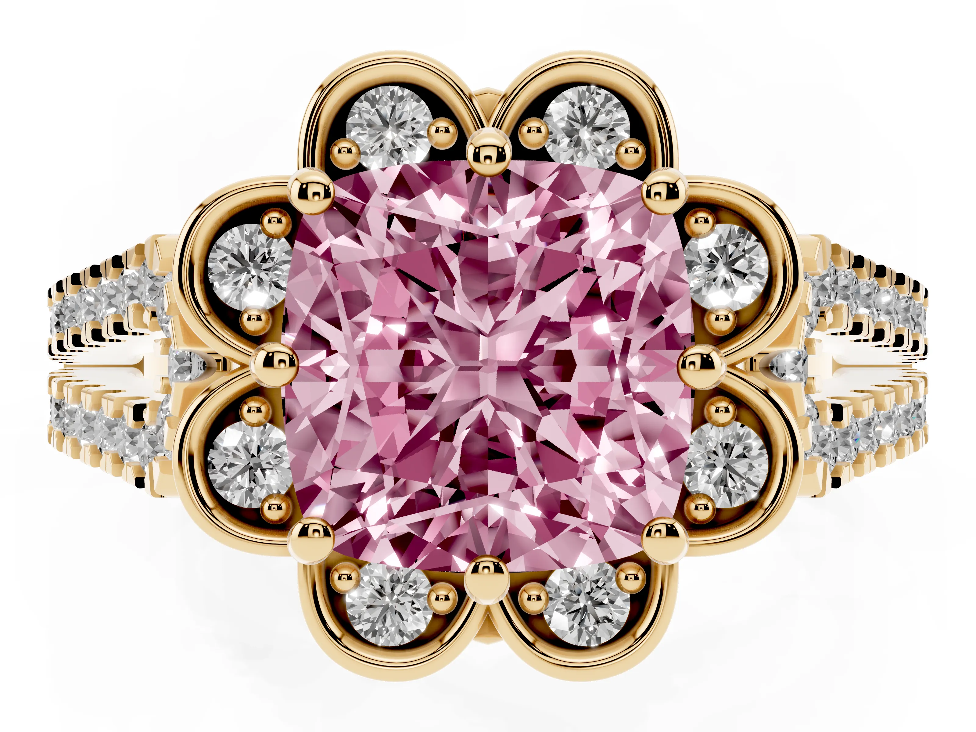 Fancy Pink Cushion Cut Diamond Floral Halo Split Shank Engagement Ring Set in Yellow gold with Pavé Shank