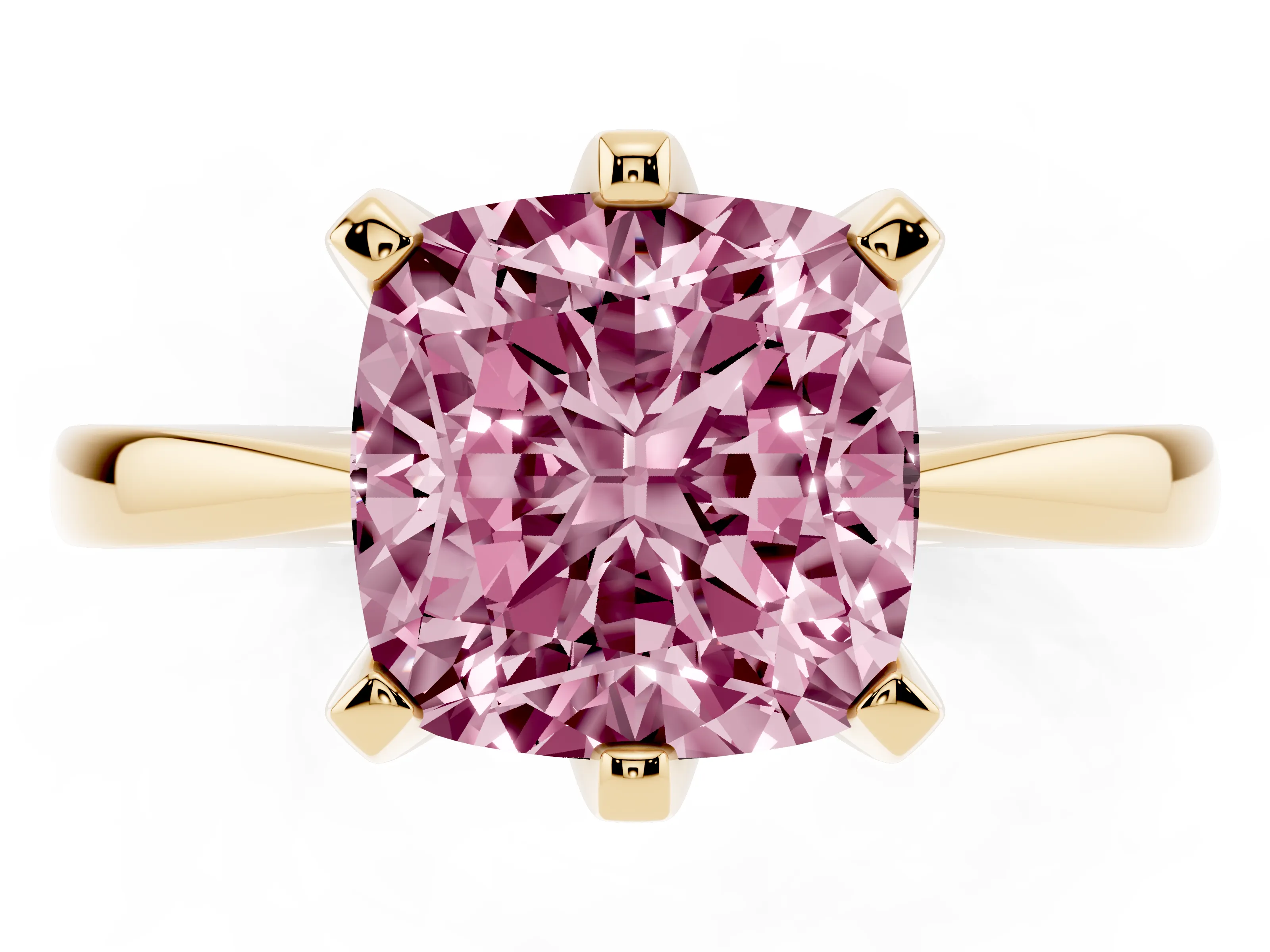 Fancy Pink Cushion Cut Diamond Solitaire Engagement Ring Set in Yellow gold with Slim Tapered Solitaire Band