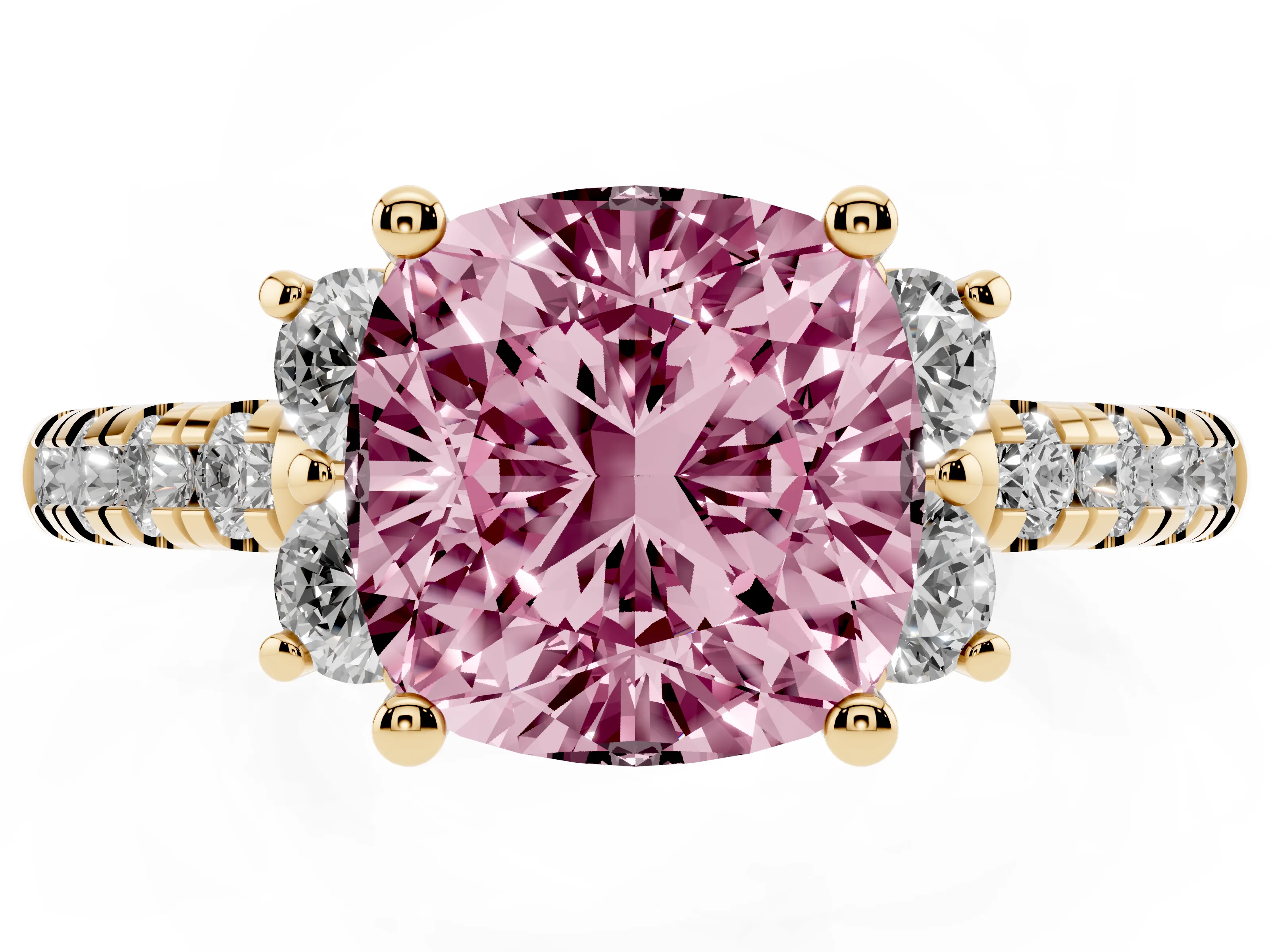 Fancy Pink Cushion Cut Diamond Three-Stone Pavé Ring Set in Yellow gold with Prong Setting