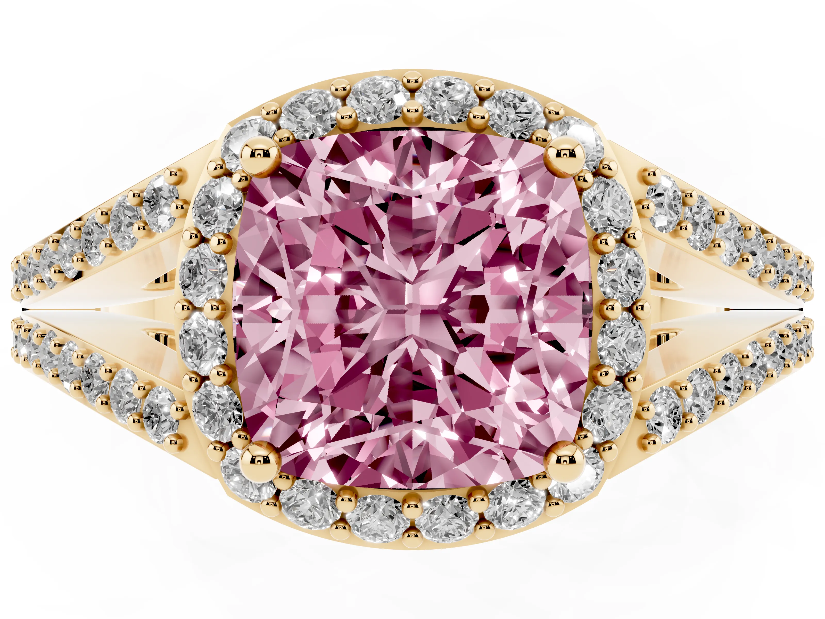 Fancy Pink Cushion Cut Diamond Halo Split Shank Ring Set in Yellow gold with Accent Stones and Prong Setting