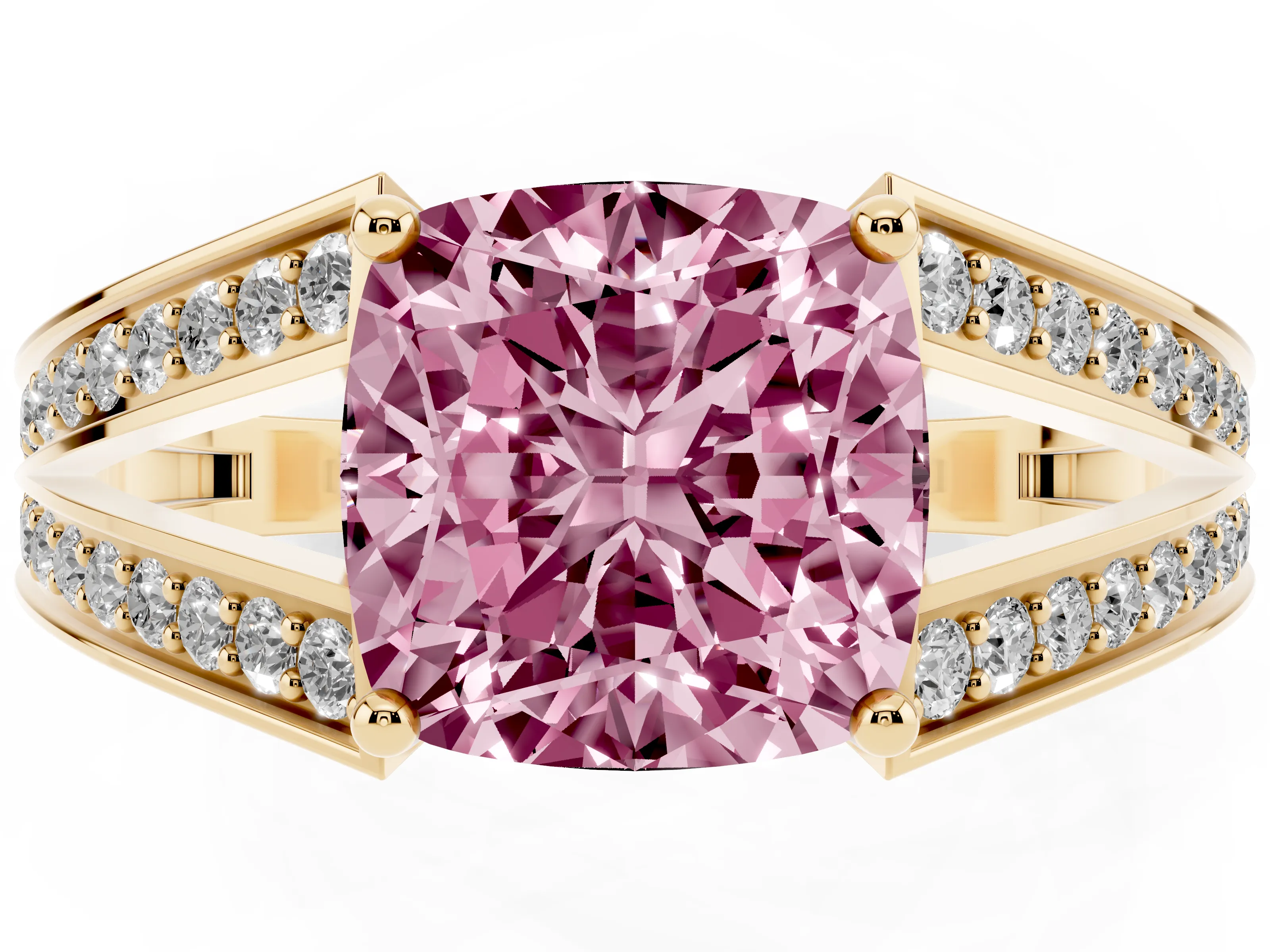 Fancy Pink Cushion Cut Diamond Split Shank Ring Set in Yellow gold with Pavé Band and Prong Setting