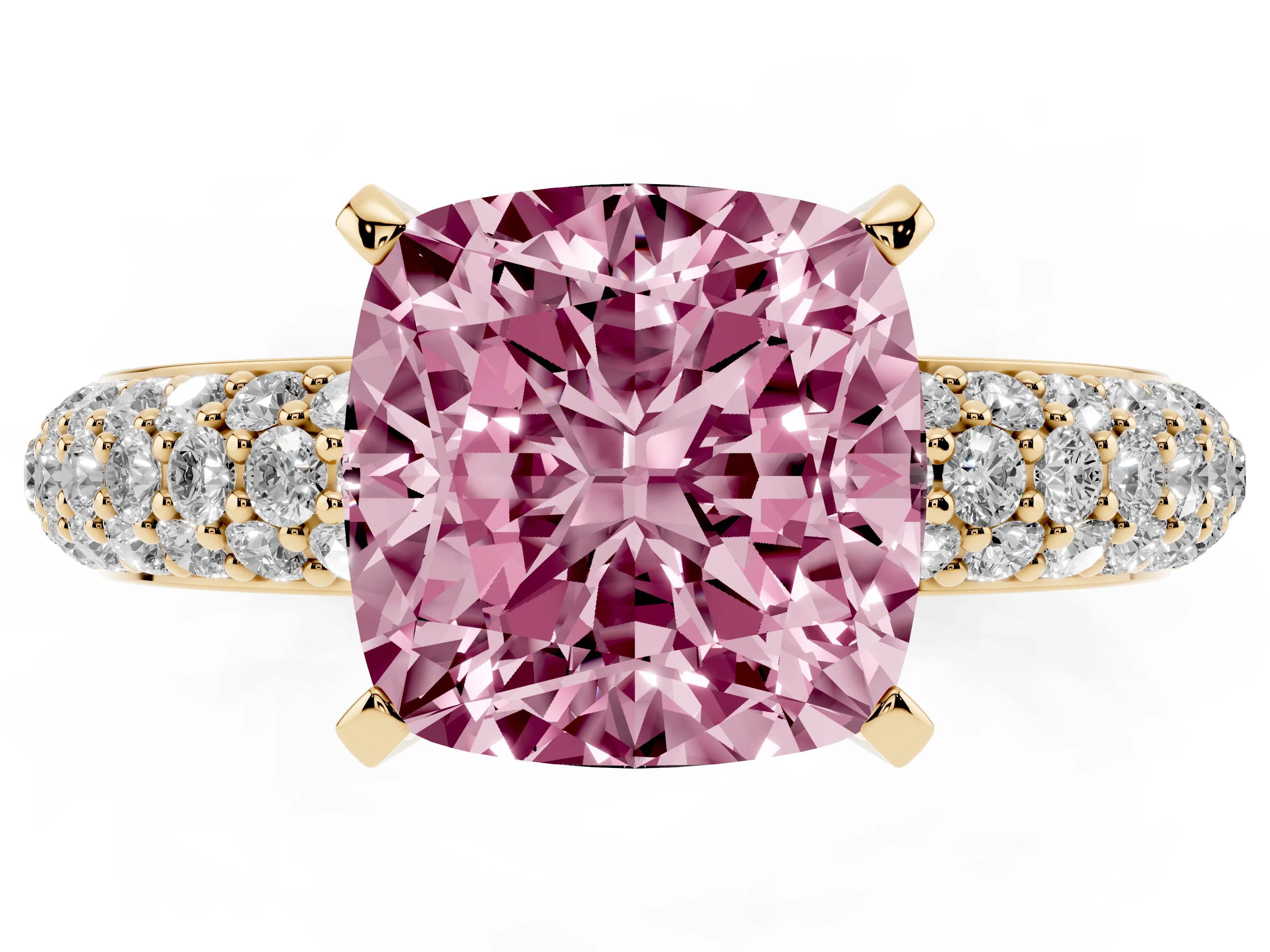 Fancy Pink Cushion Cut Diamond Solitaire Ring Set in Yellow gold with Prong Setting and Pavé-Set Band
