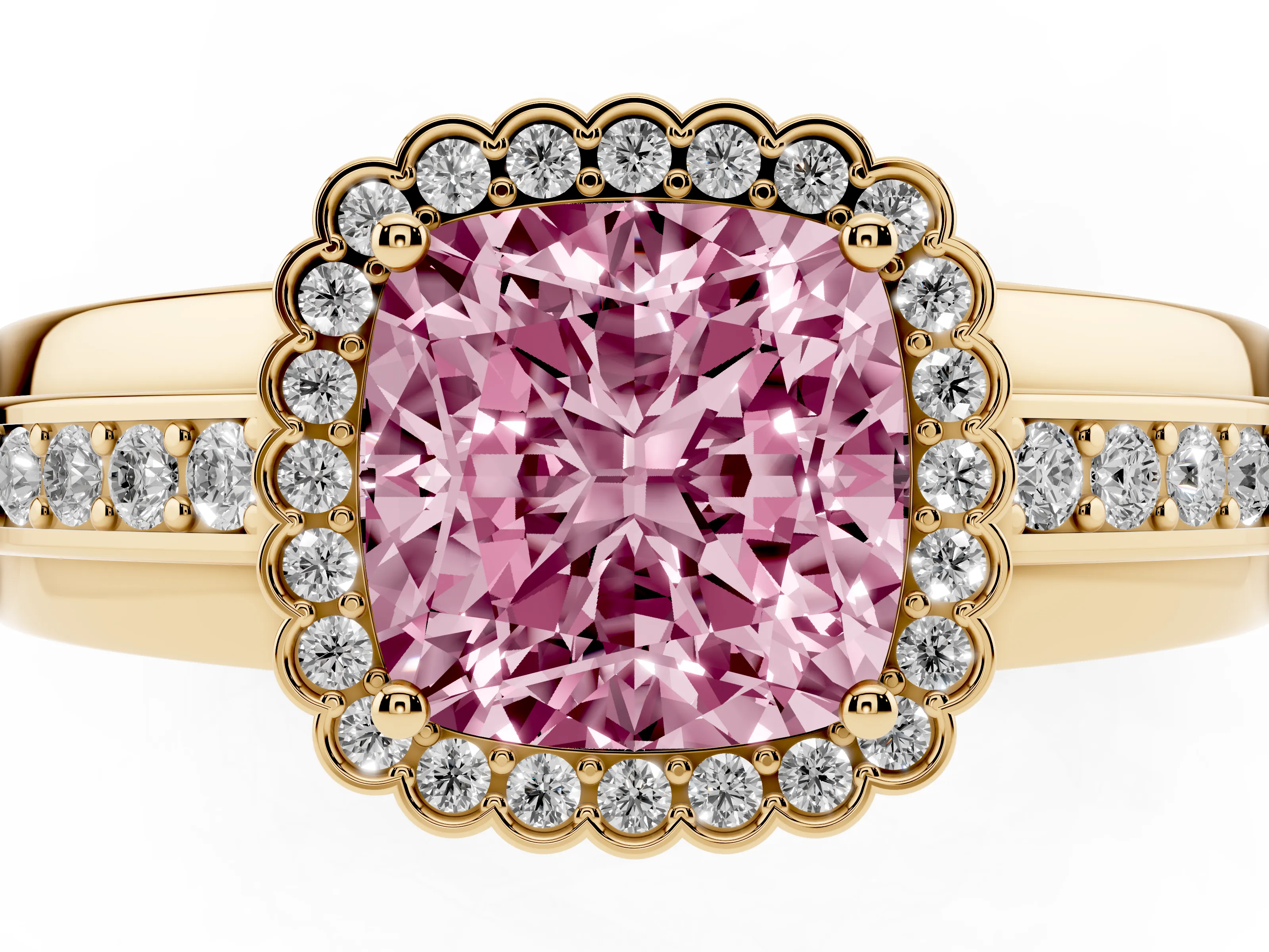 Fancy Pink Cushion Cut Diamond Halo Prong Ring Set in Yellow gold with Pavé Band