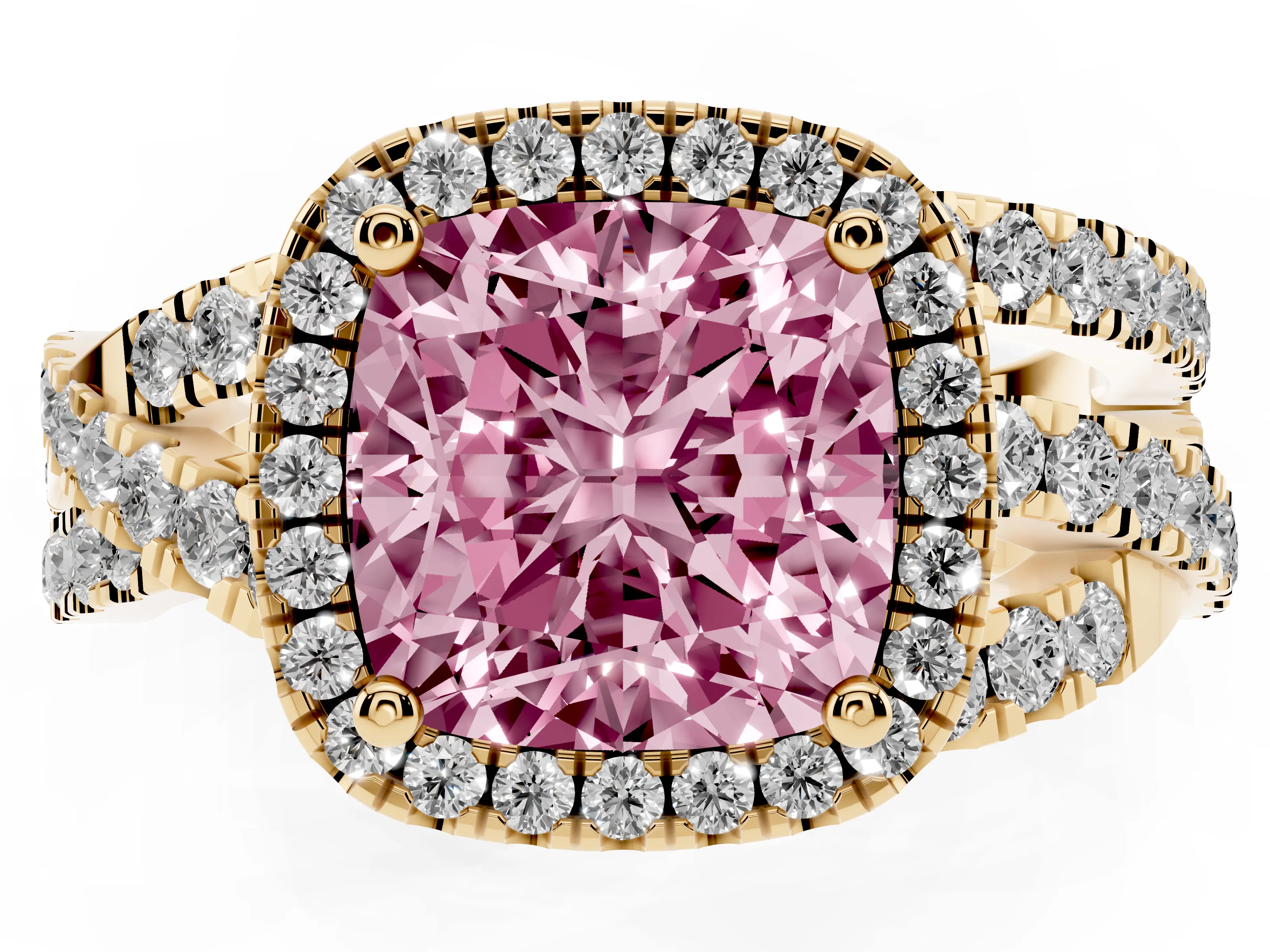 Fancy Pink Cushion Cut Diamond Halo Ring Set in Yellow gold with Round Crossover Split Shank and Prong Setting