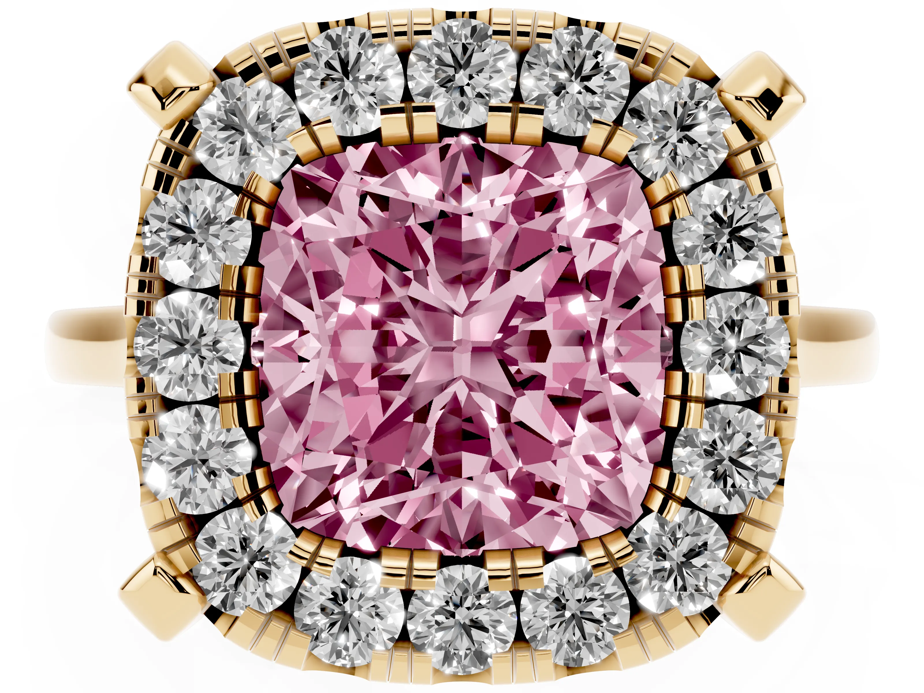 Fancy Pink Cushion Cut Diamond Cluster Halo Solitaire Ring Set in Yellow gold with Prong Setting