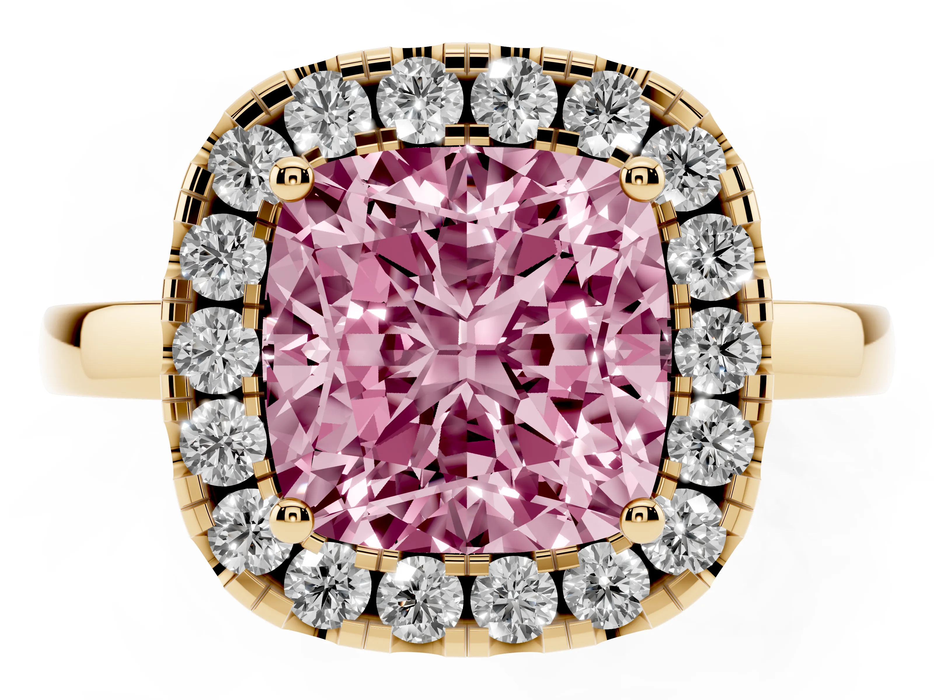 Fancy Pink Cushion Cut Diamond Halo Solitaire Ring Set in Yellow gold with Pavé Band and Prong Setting