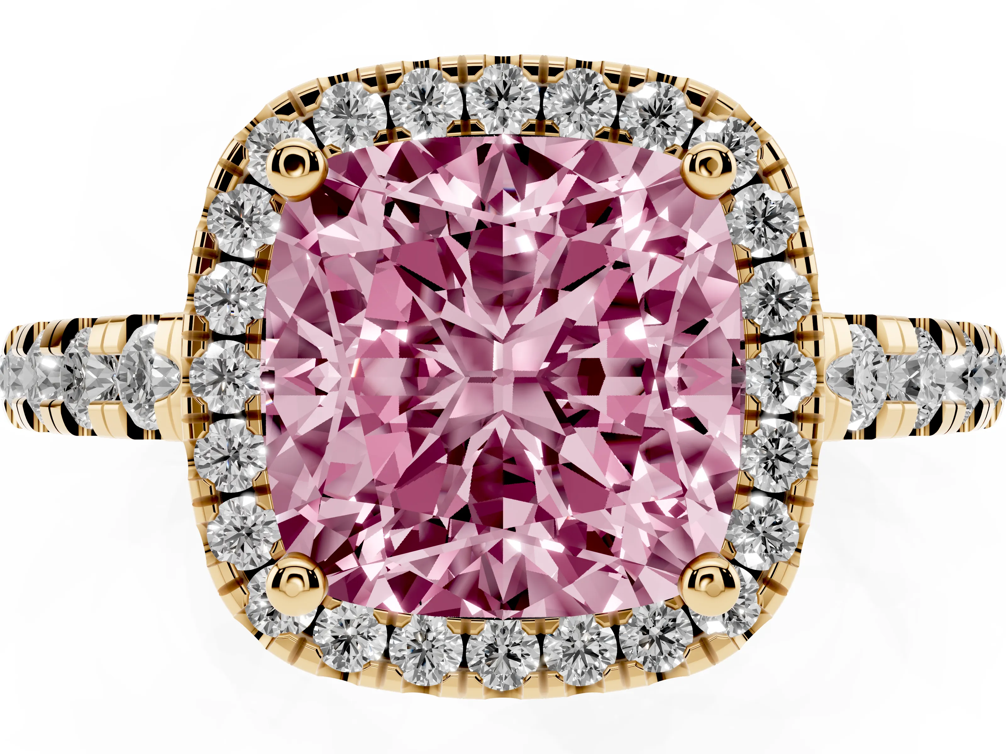Fancy Pink Cushion Cut Diamond Halo Ring Set in Yellow gold with Delicate Pavé Band and Prong Setting