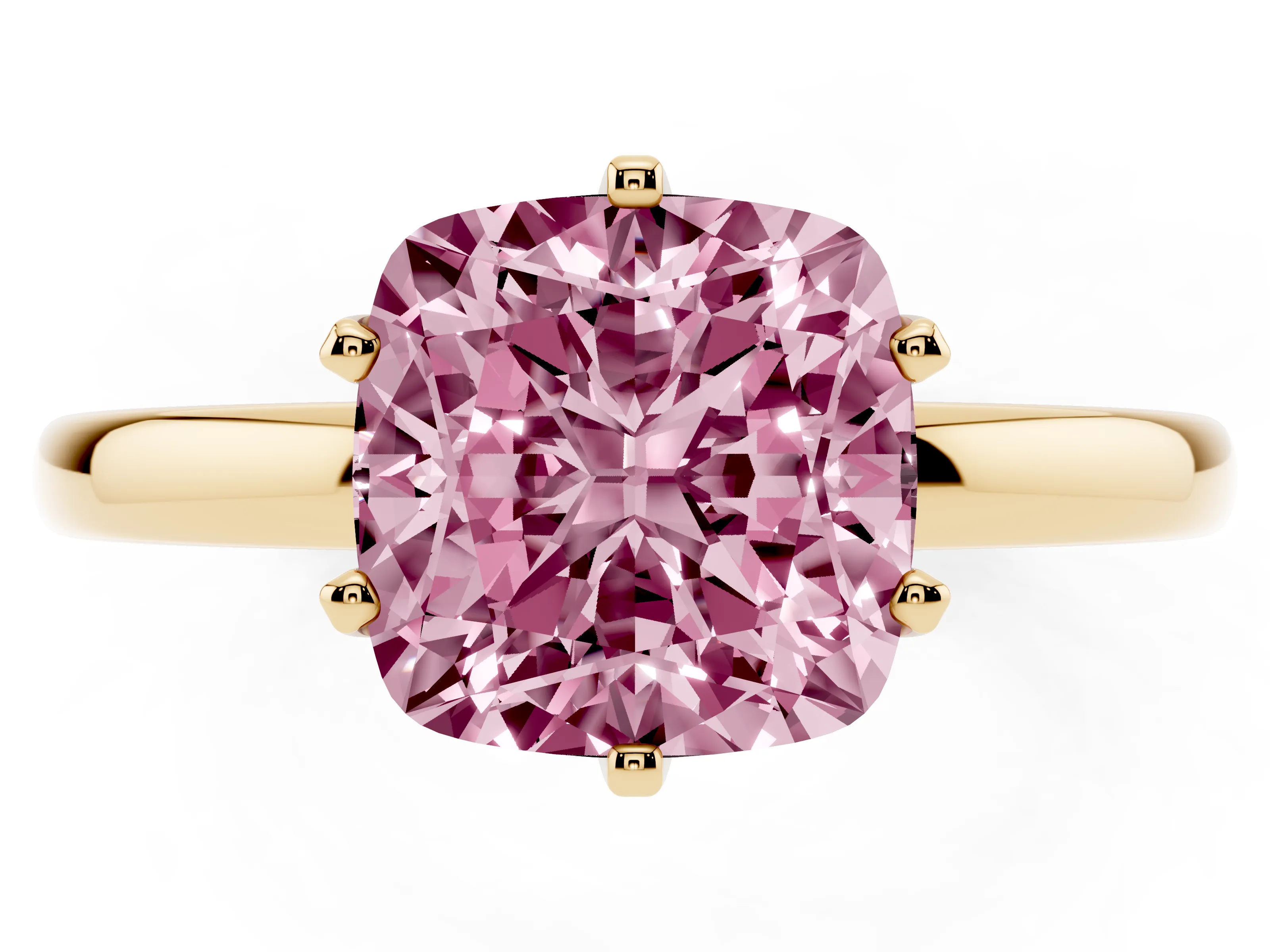 Fancy Pink Cushion Cut Diamond Solitaire Ring Set in Yellow gold with Raised Prong Setting on a Classic Band