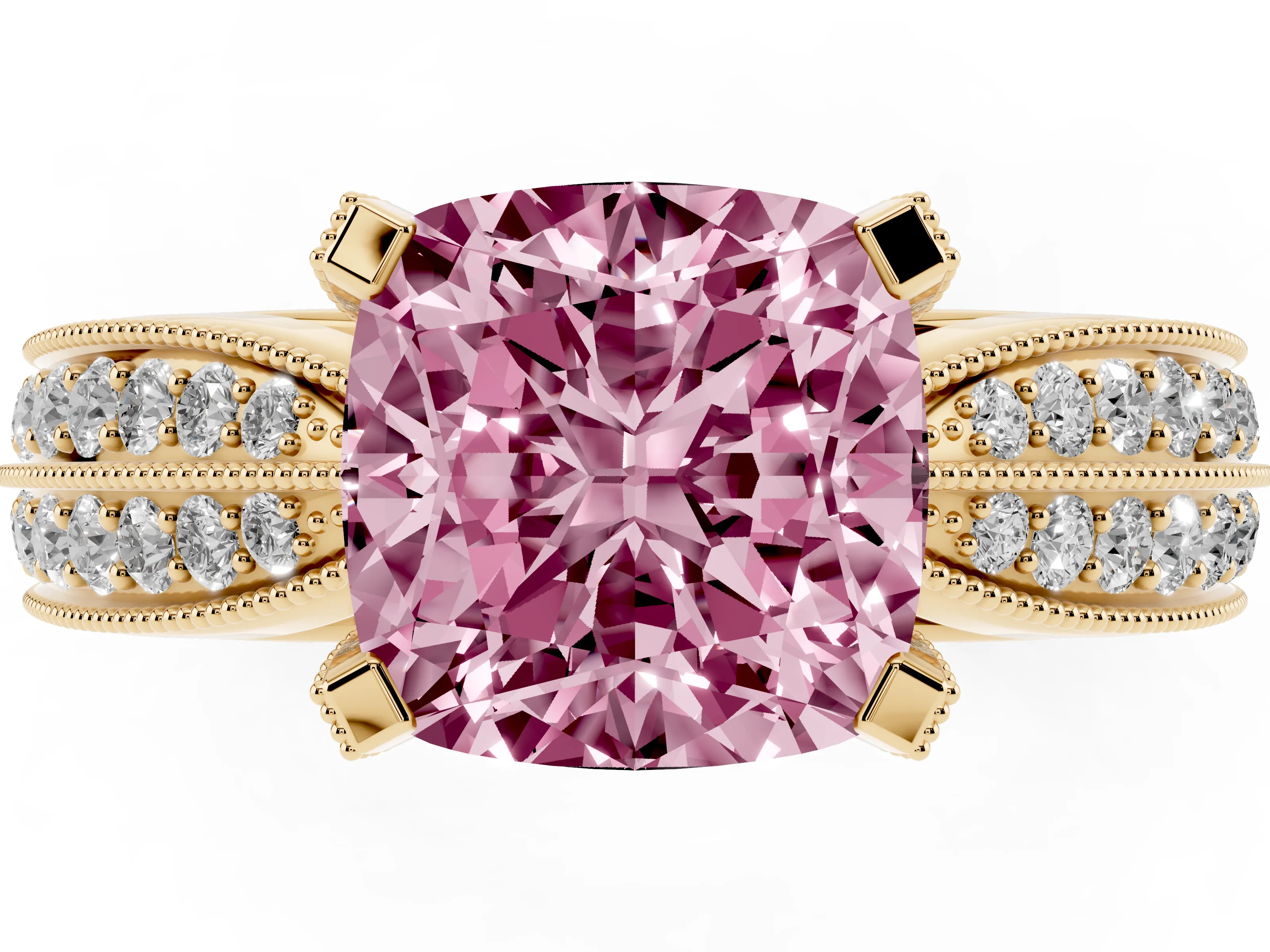 Fancy Pink Cushion Cut Diamond Solitaire Ring Set in Yellow gold with Milgrain Double Row Round Pavé Band