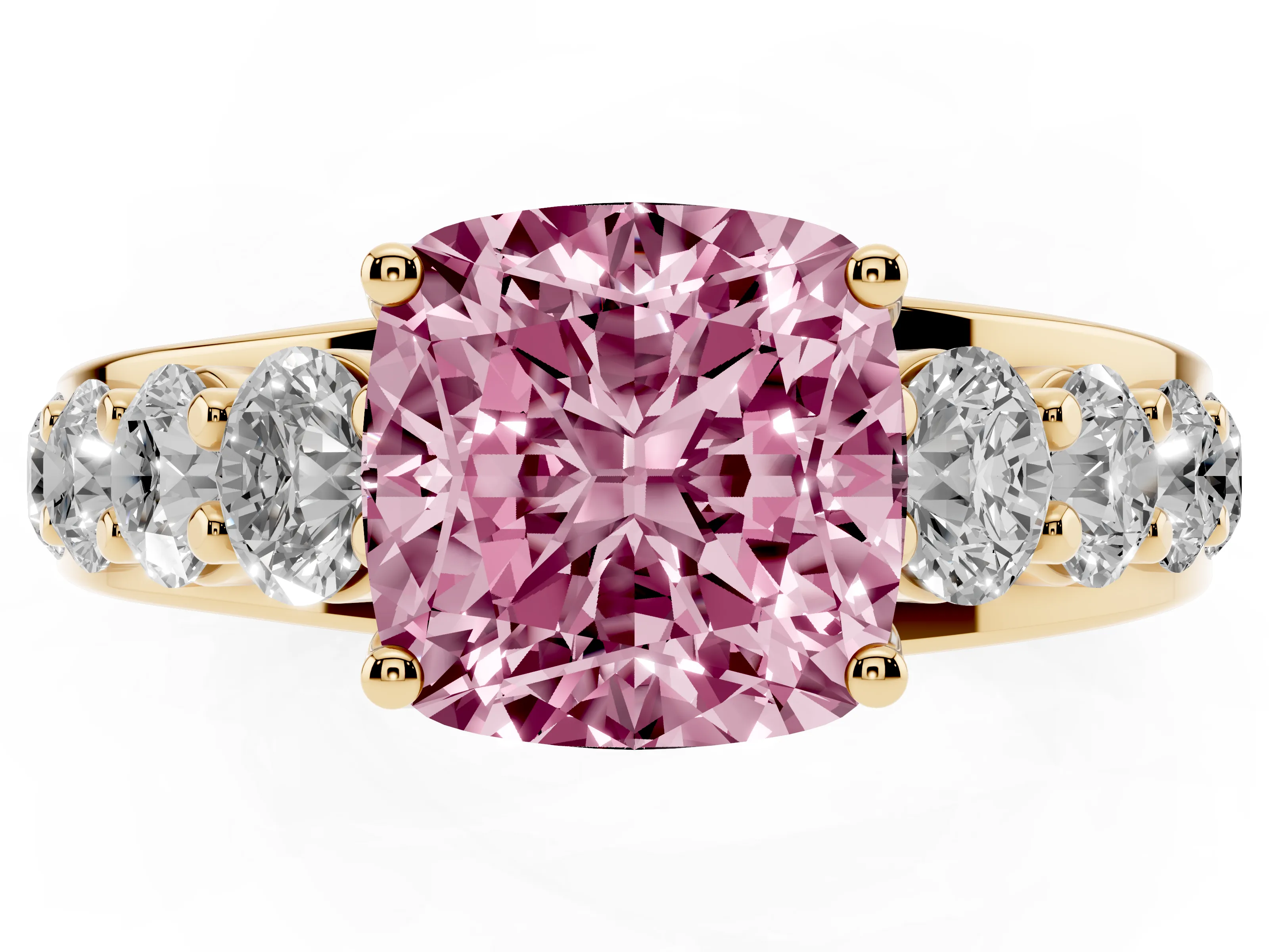 Fancy Pink Cushion Cut Diamond Pavé Engagement Ring Set in Yellow gold with Prong Setting
