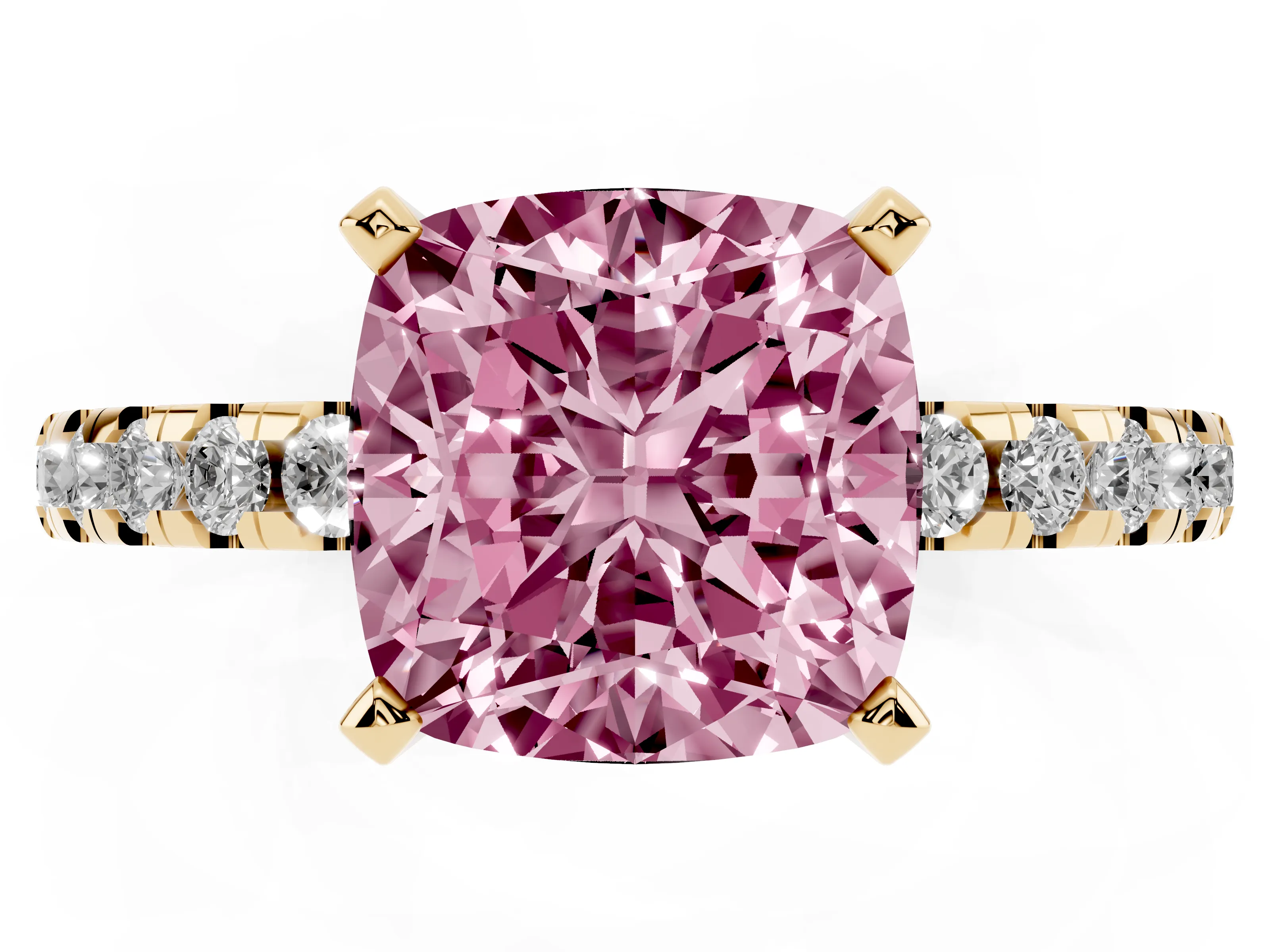 Fancy Pink Cushion Cut Diamond Pavé Solitaire Ring Set in Yellow gold with Round Band Accents and Prong Setting