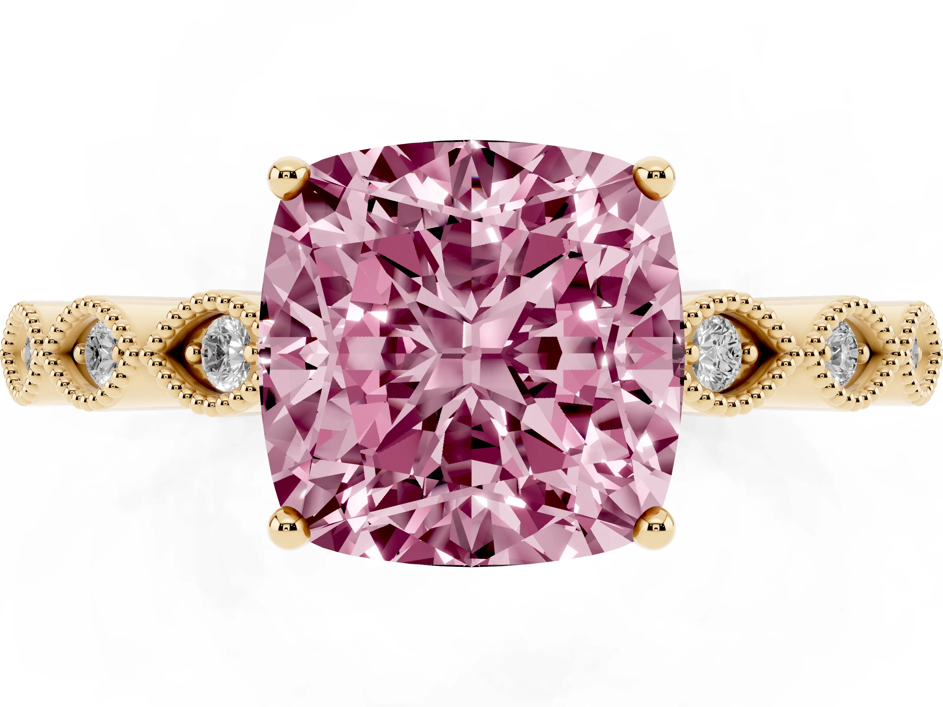 Fancy Pink Cushion Cut Diamond Solitaire Ring Set in Yellow gold with Infinity Twist Pavé Band