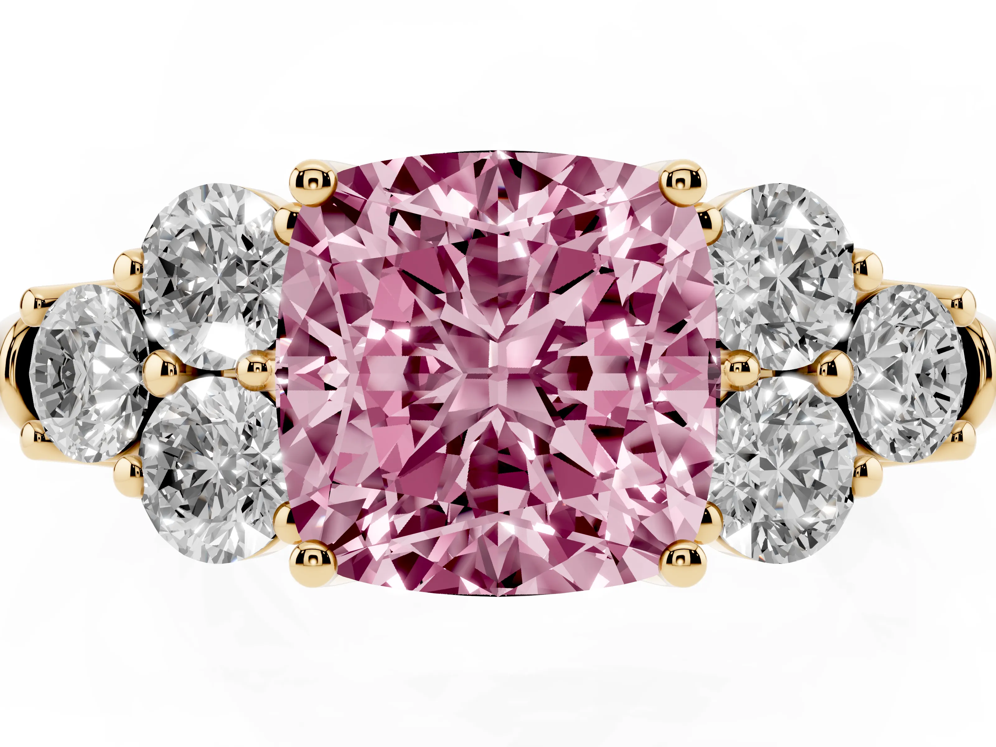 Fancy Pink Cushion Cut Diamond Cluster Ring Set in Yellow gold with Round Accent Stones and Prong Setting on a Plain Band