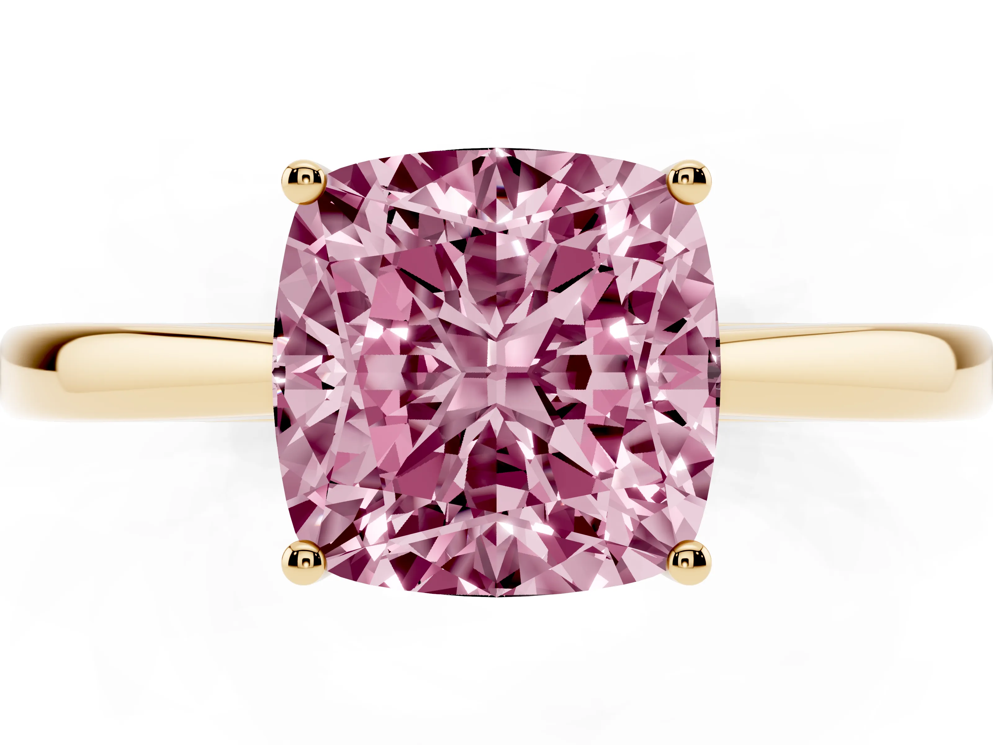 Fancy Pink Cushion Cut Diamond Solitaire Ring Set in Yellow gold with Split Shank and Prong Setting