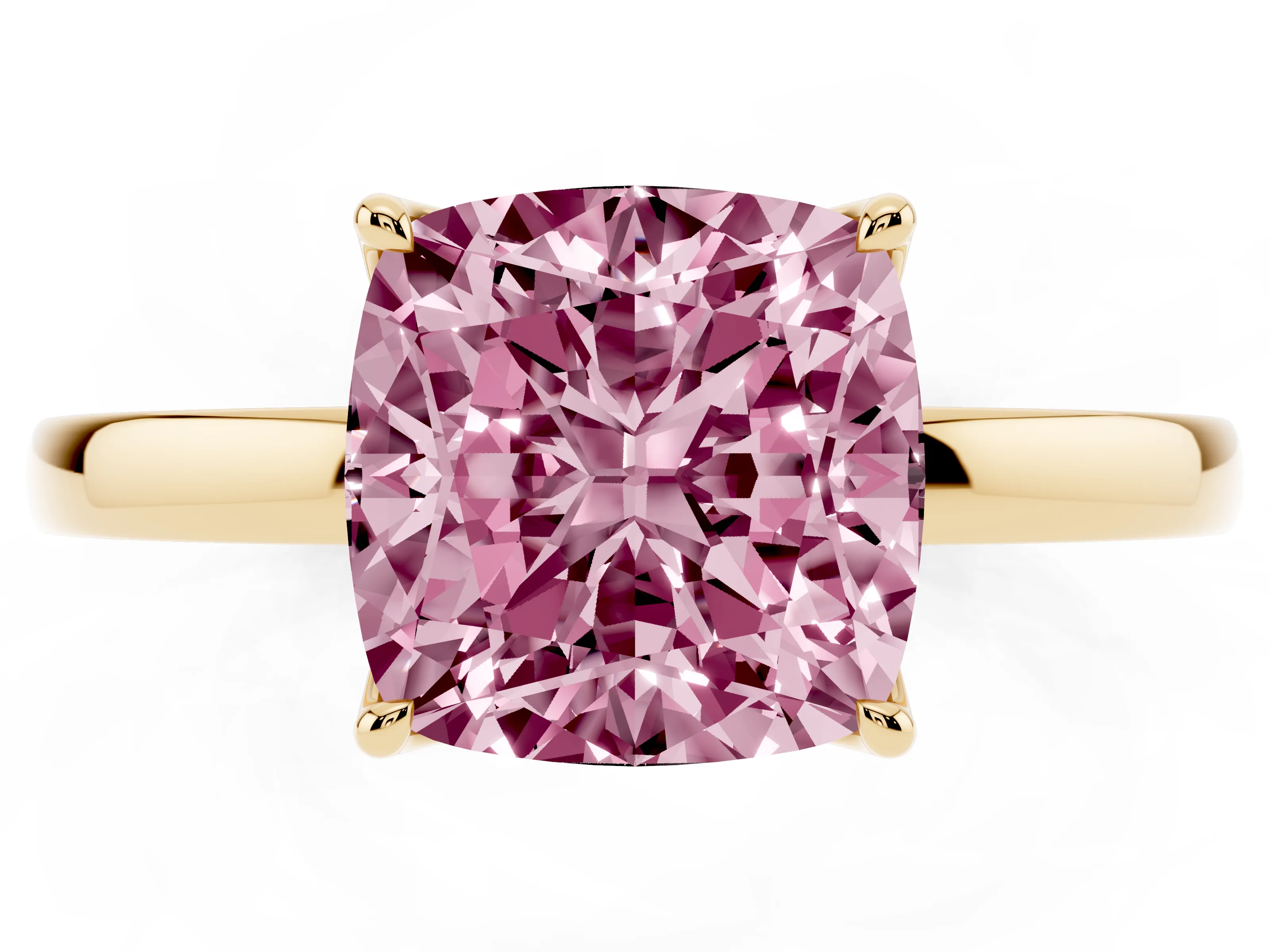 Fancy Pink Cushion Cut Diamond Solitaire Ring Set in Yellow gold with Prong Setting and Thin Polished Band
